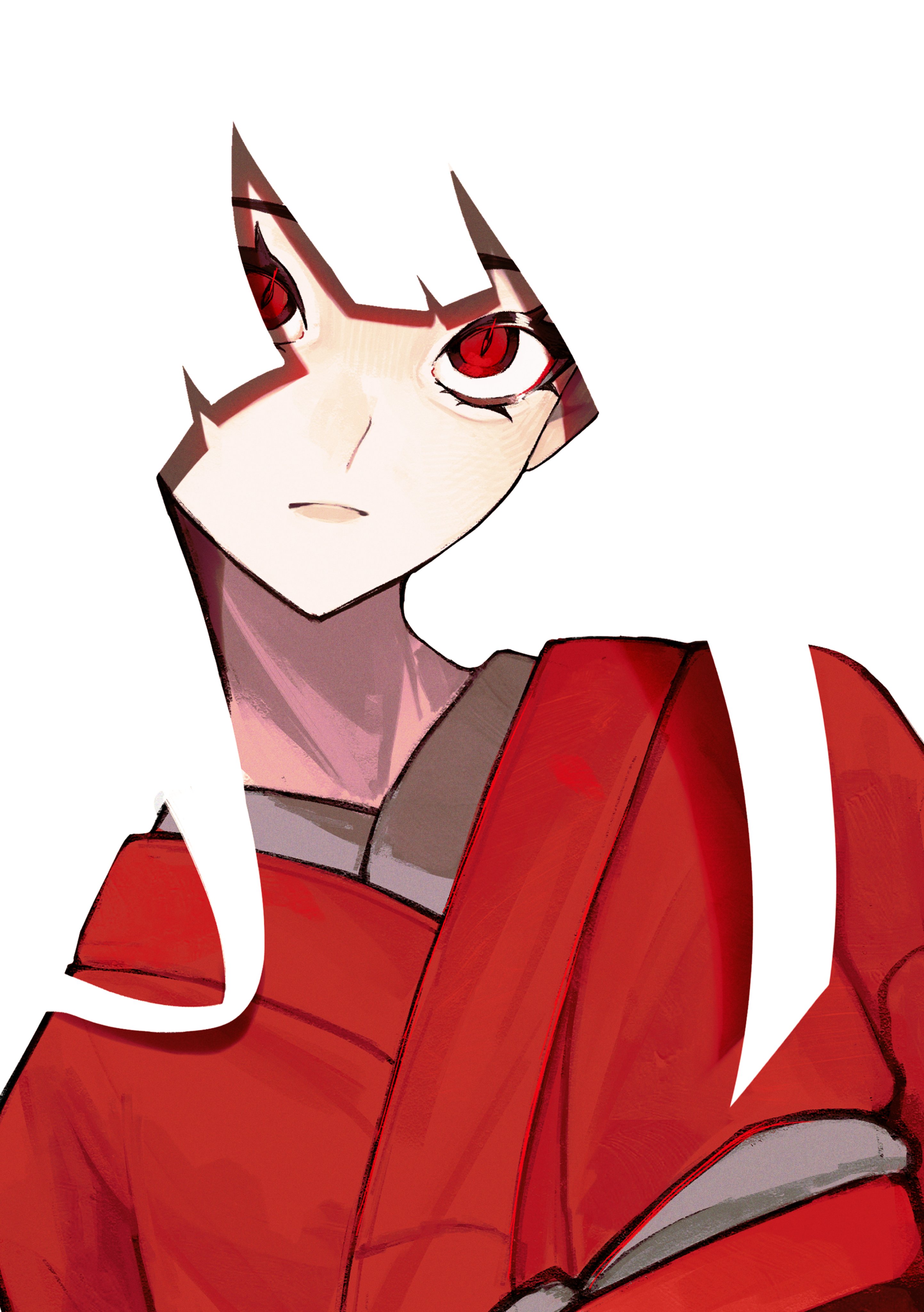 original, absurdres, hashtag-only commentary, highres, 1girl, blending, closed mouth, eyelashes, head tilt, japanese clothes, kimono, long hair, long sidelocks, looking at viewer, red eyes, red kimono, sidelocks, simple background, slit pupils, solo, takeurae, upper body, white background, white hair
