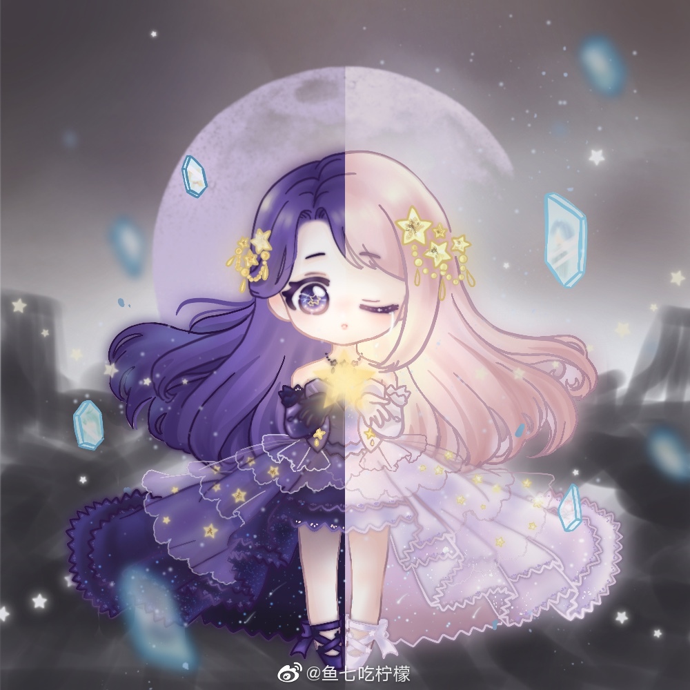 xiaoyu qixing, star sea (nikki), nikki (series), shining nikki, chinese commentary, commentary request, 1girl, ankle bow, ankle ribbon, bare legs, bare shoulders, bow, chibi, cloud, cloudy sky, crying, crying with eyes open, dress, elbow gloves, eyelashes, floating clothes, floating hair, full body, full moon, glass shards, gloves, gown, hair ornament, holding, holding star, jewelry, lace, lace-trimmed dress, lace-trimmed gloves, lace trim, leg ribbon, light blush, light particles, long dress, long hair, looking at viewer, moon, necklace, night, object floating above hand, official alternate color, one eye closed, outdoors, parted bangs, parted lips, pink hair, pleated dress, print dress, purple bow, purple dress, purple eyes, purple gloves, purple hair, purple ribbon, purple shoes, ribbon, ruins, sad, shoes, sky, solo, split theme, standing, star (symbol), star hair ornament, star in eye, star necklace, star print, starry sky print, strapless, strapless dress, streaming tears, symbol in eye, tareme, tears, very long hair, watermark, weibo watermark