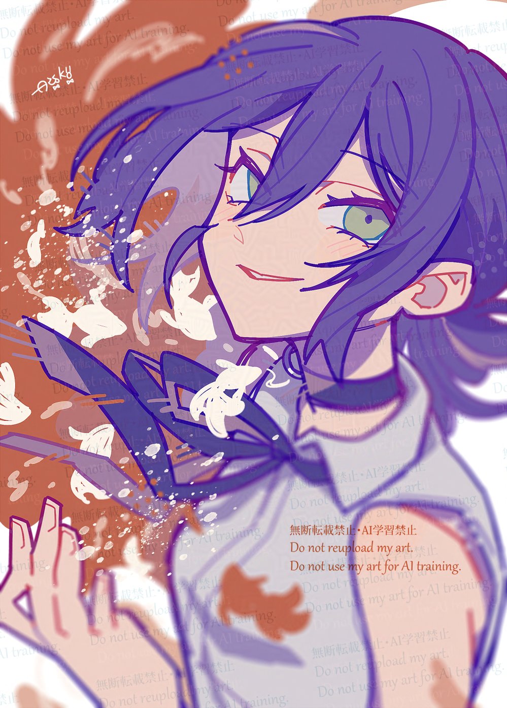 auko, reze (chainsaw man), chainsaw man, highres, 1girl, bare shoulders, black choker, black ribbon, choker, green eyes, grin, hair between eyes, light blush, looking at viewer, medium hair, neck ribbon, purple hair, ribbon, shirt, sleeveless, smile, solo, upper body, watermark, white shirt