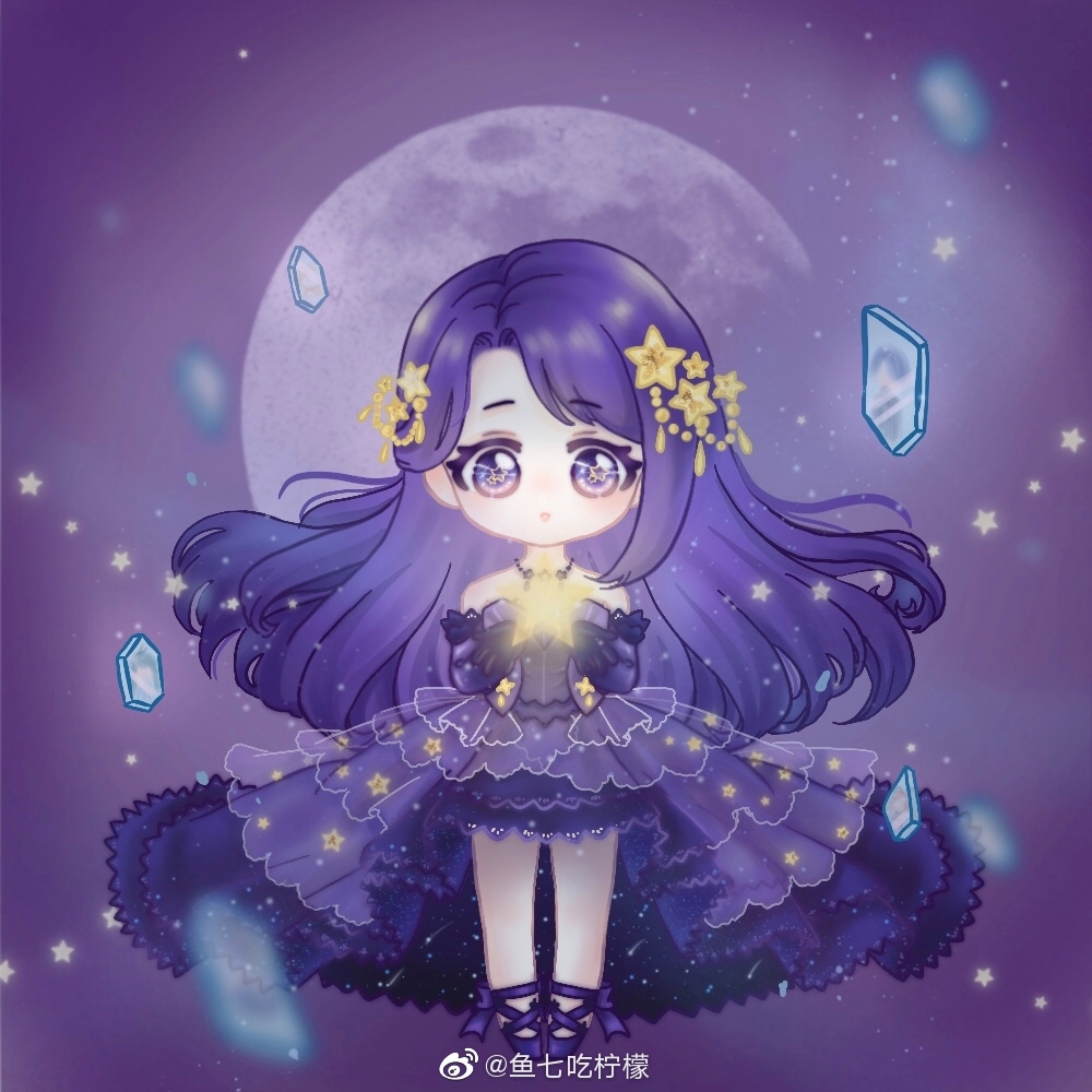 xiaoyu qixing, star sea (nikki), nikki (series), shining nikki, 1girl, :o, ankle bow, ankle ribbon, bare legs, bare shoulders, bow, chibi, crying, crying with eyes open, dress, elbow gloves, eyelashes, floating clothes, floating hair, full moon, glass shards, gloves, gown, hair ornament, holding, holding star, jewelry, lace, lace-trimmed dress, lace-trimmed gloves, lace trim, leg ribbon, light blush, light particles, long hair, looking at object, moon, necklace, object floating above hand, parted bangs, parted lips, pleated dress, print dress, purple background, purple bow, purple dress, purple eyes, purple gloves, purple hair, purple ribbon, purple shoes, ribbon, sad, shoes, single sidelock, solo, standing, star (symbol), star hair ornament, star necklace, star print, starry sky print, straight-on, strapless, strapless dress, streaming tears, tareme, tears, very long hair, watermark, wavy hair, weibo watermark