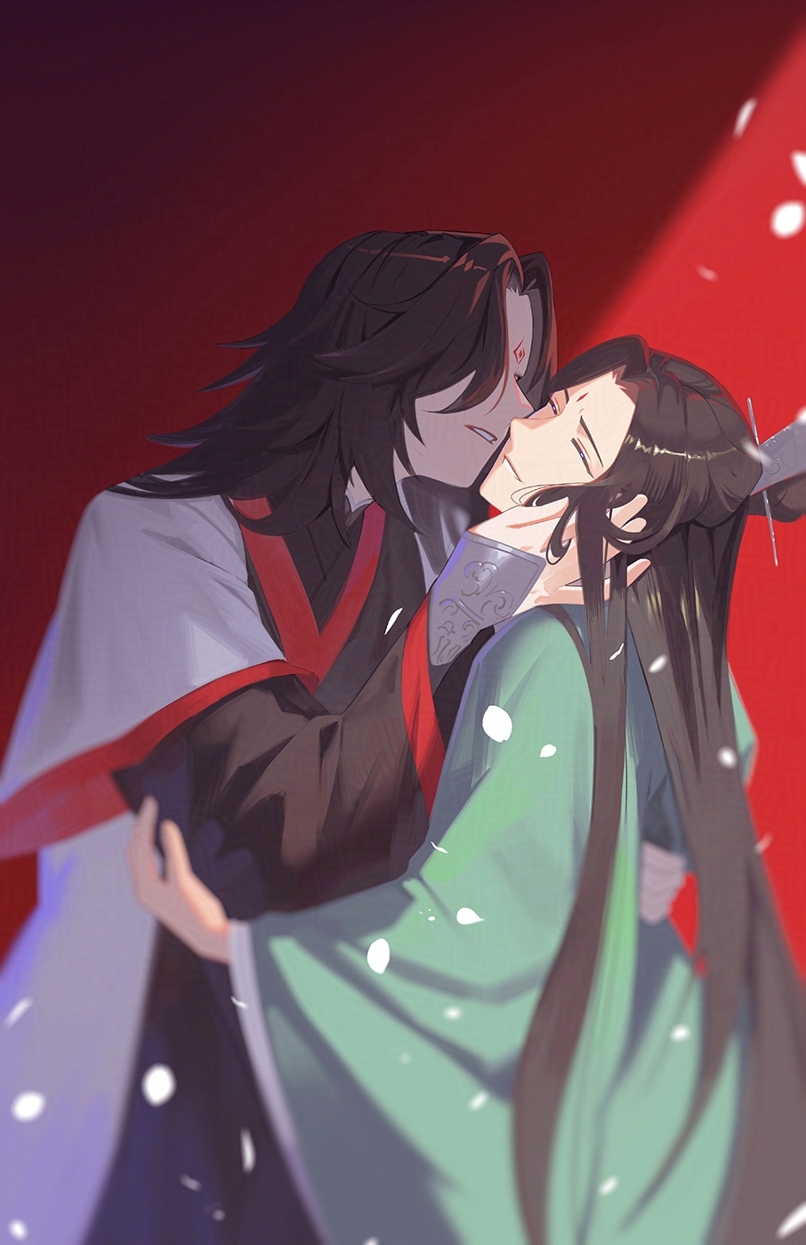 8083 blue, luo binghe, shen qingqiu, renzha fanpai zijiu xitong, commentary, highres, 2boys, black hair, chinese clothes, closed eyes, hanfu, imminent kiss, long hair, long sleeves, male focus, multiple boys, parted lips, red background, simple background, upper body, wide sleeves