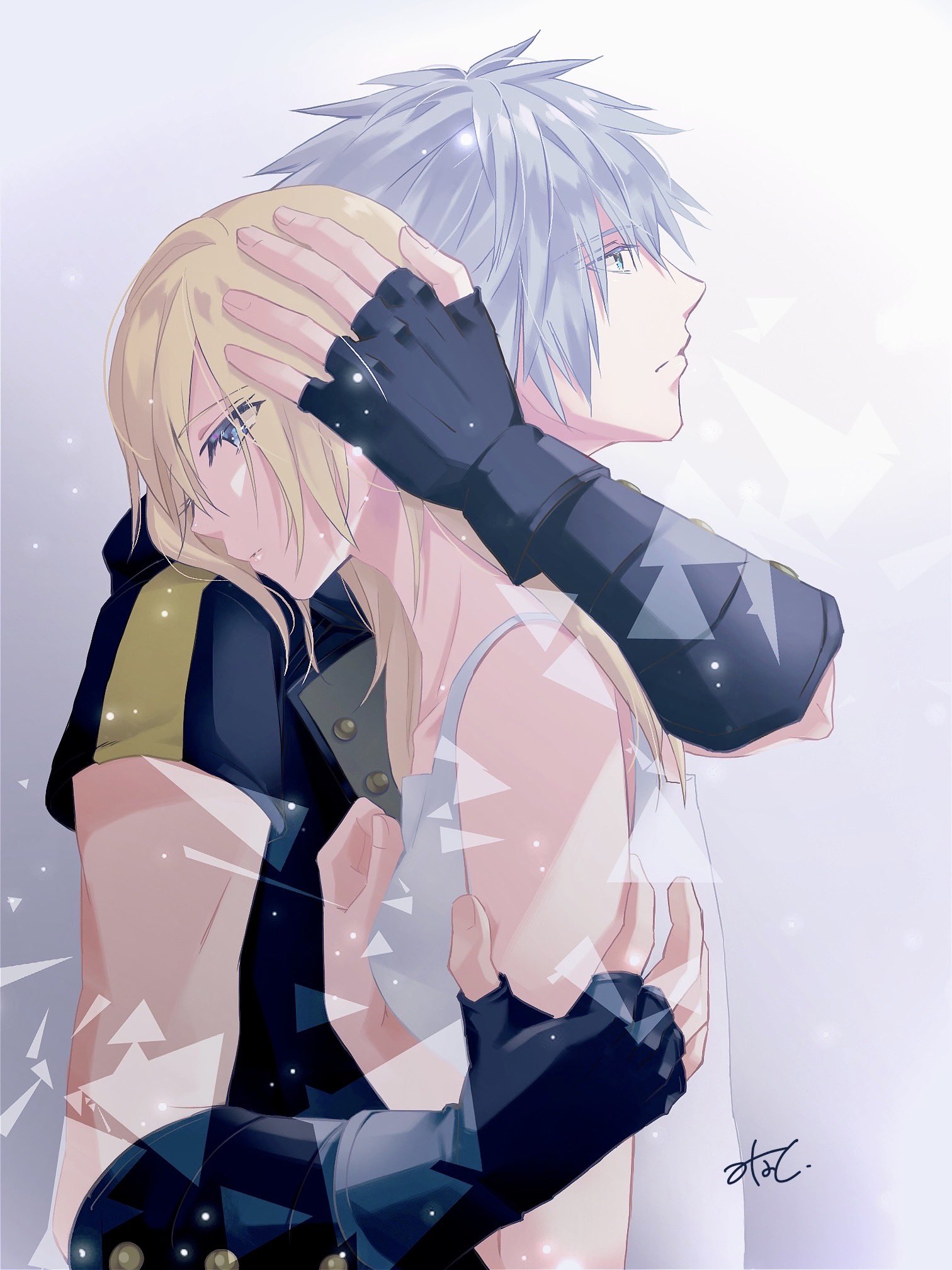 namine, riku (kingdom hearts), kingdom hearts, kingdom hearts iii, 1boy, 1girl, blonde hair, blue eyes, comforting, dress, fingerless gloves, gloves, green eyes, grey hair, hand on another's head, hood, hoodie, hug, long hair, short hair, short sleeves, spiked hair, white dress