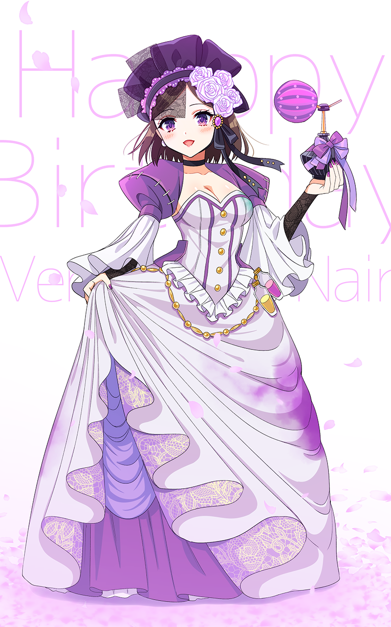 kurobara, vera nair, identity v, highres, 1girl, :d, alternate costume, black choker, black ribbon, black veil, blush, bob cut, bottle, breasts, brown hair, chain, character name, choker, cleavage, clothes pull, corset, dress, dress pull, earrings, floating clothes, floating hair, flower, full body, gem, gold chain, hair flower, hair ornament, happy birthday, jewelry, lace, lace veil, light blush, long dress, medium breasts, mole, mole under eye, open mouth, pearl earrings, perfume bottle, puffy sleeves, purple eyes, purple gemstone, purple nails, purple theme, ribbon, rose, see-through clothes, see-through veil, short hair, smile, solo, three-quarter sleeves, veil, white flower, white rose, wide sleeves