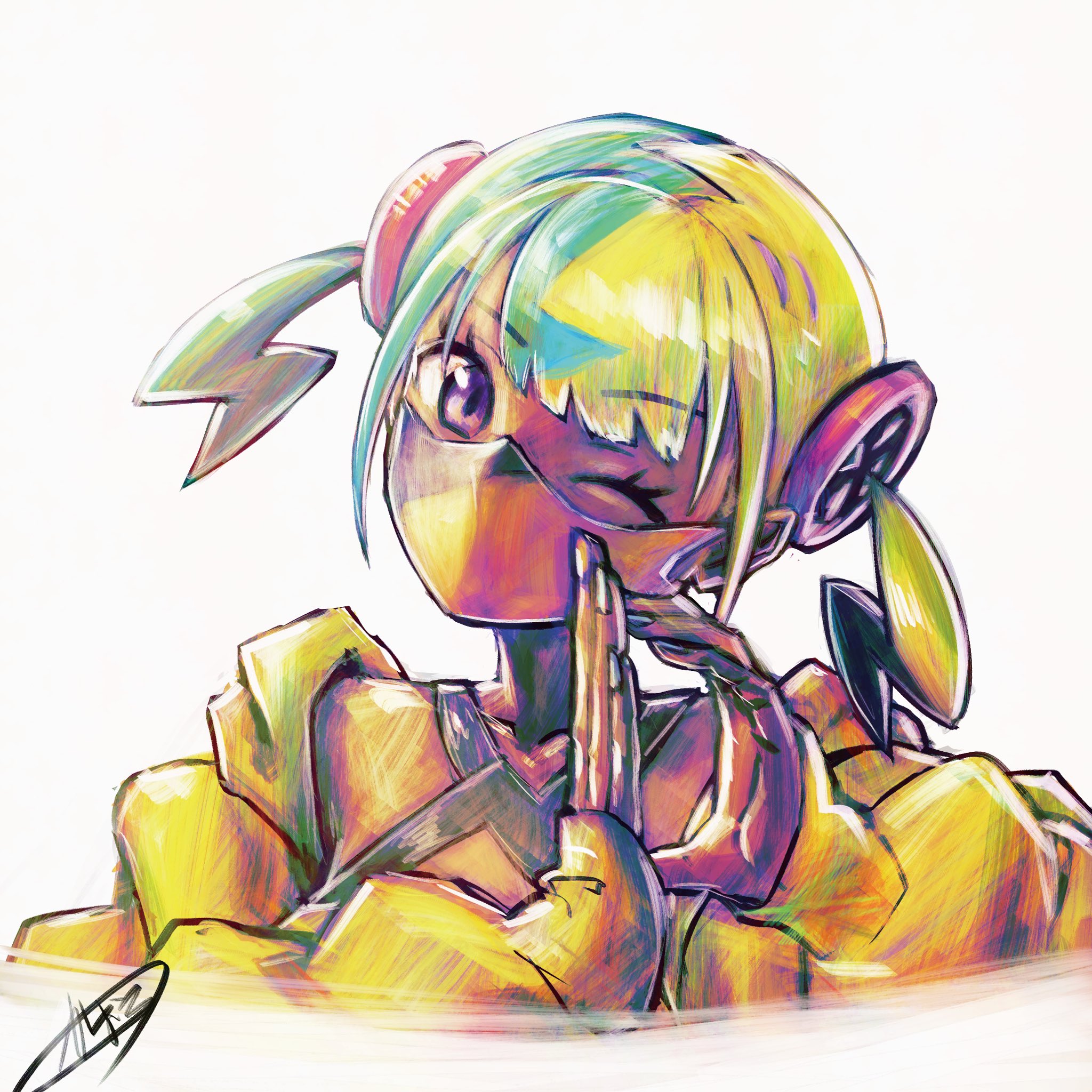 kaosu (kaosu0905), canari (pokemon), nintendo, pokemon, pokemon legends: z-a, highres, 1girl, black hair, blue hair, blush, dark-skinned female, dark skin, eyelashes, jacket, long sleeves, looking at viewer, mask, mouth mask, multicolored hair, one eye closed, purple eyes, short hair, solo, upper body, white background, yellow jacket