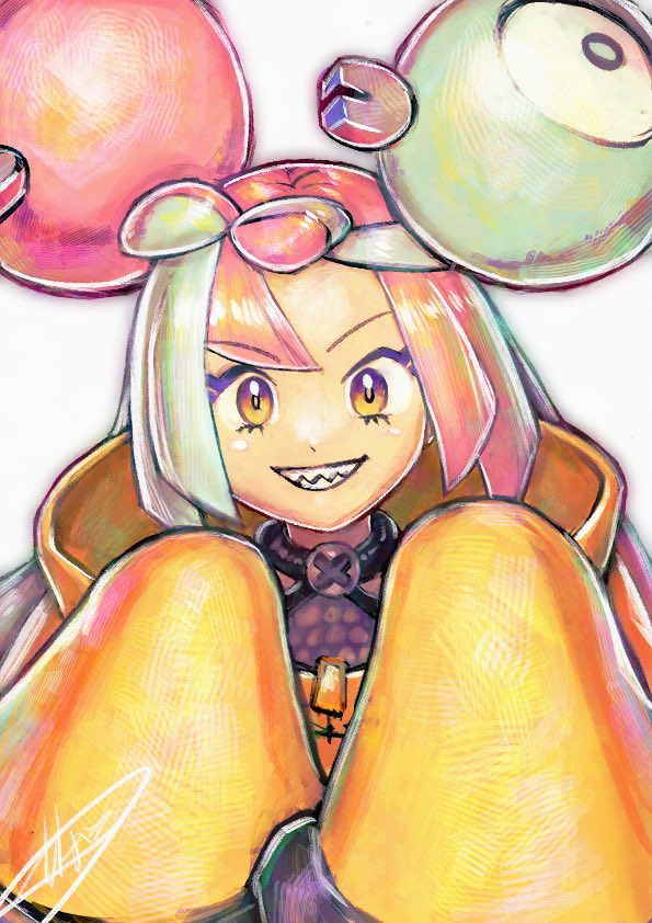 kaosu (kaosu0905), iono (pokemon), nintendo, pokemon, pokemon sv, 1girl, blue hair, bow-shaped hair, character hair ornament, hair ornament, jacket, long hair, long sleeves, looking at viewer, multicolored hair, pink hair, sharp teeth, signature, sleeves past fingers, sleeves past wrists, smile, solo, teeth, two-tone hair, upper body, yellow jacket