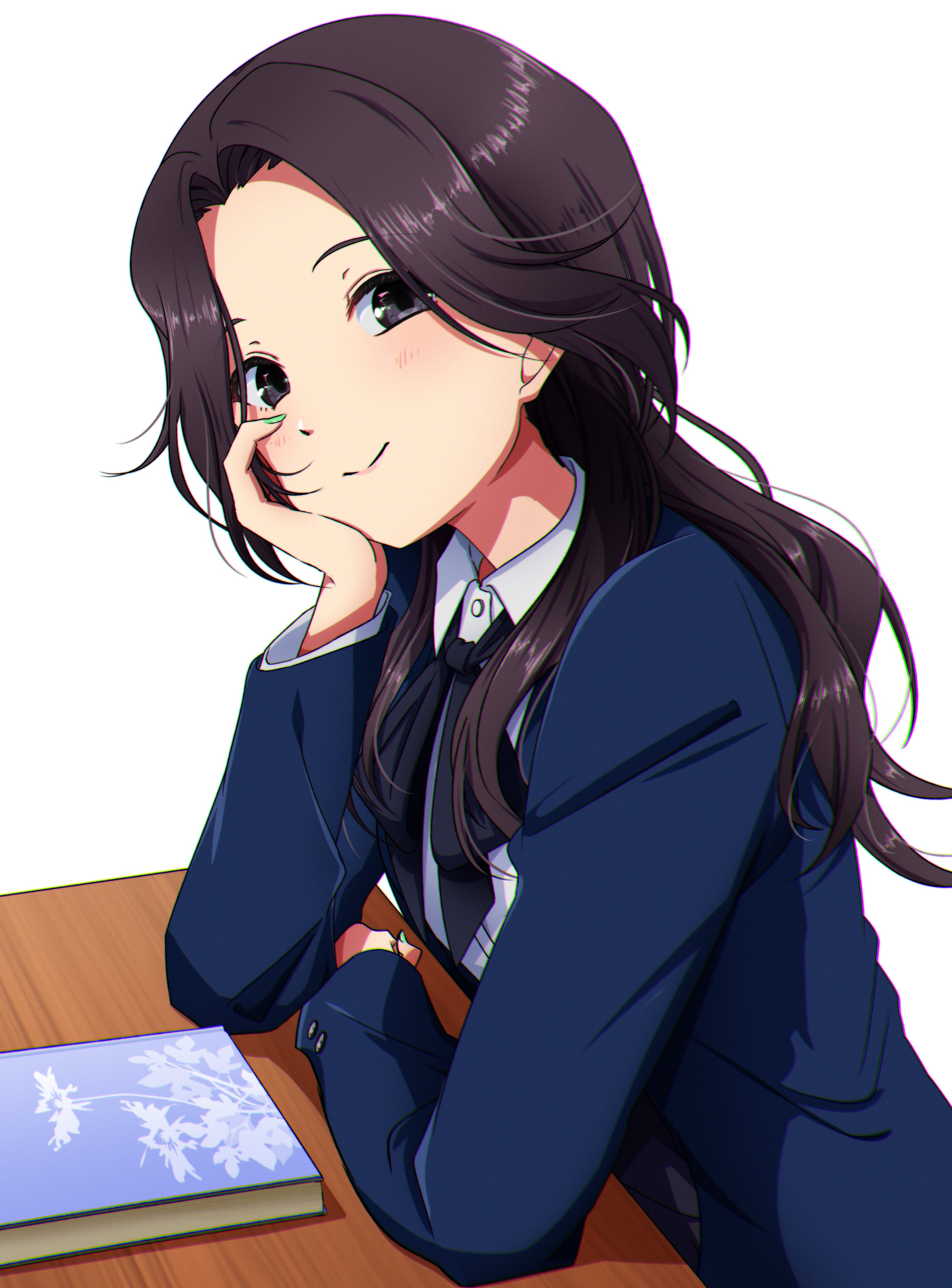 igashiko, orihara sumika, 22/7, absurdres, highres, 1girl, blue jacket, book, closed mouth, collared shirt, curtained hair, desk, elbow rest, green nails, grey eyes, grey hair, jacket, long hair, long sleeves, looking at viewer, school desk, shirt, simple background, smile, solo, upper body, white background, white shirt