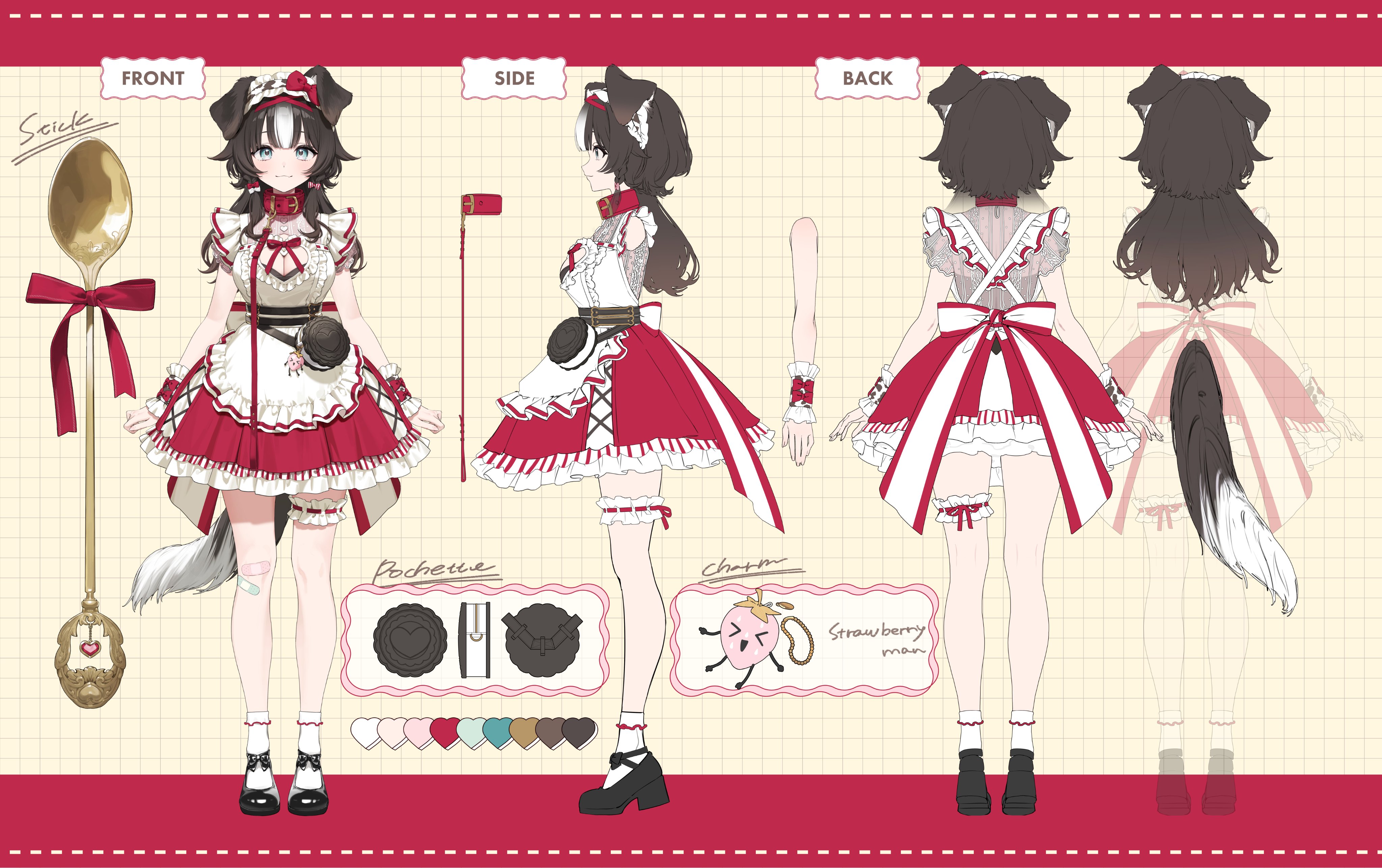 usuke (u skeeep), bibi biscuit, phase connect, absurdres, highres, second-party source, 1girl, animal collar, animal ears, apron, bandaid, bandaid on knee, bandaid on leg, black hair, black shoes, blue eyes, bow, breasts, cleavage, cleavage cutout, closed mouth, clothing cutout, collar, color guide, dog ears, dog girl, dog tail, food, frilled hairband, frilled wrist cuffs, frills, fruit, hairband, multicolored hair, multiple views, oversized spoon, red bow, red collar, red skirt, reference sheet, shoes, skirt, socks, spoon, strawberry, streaked hair, tail, virtual youtuber, waist apron, white hair, white socks, wrist cuffs