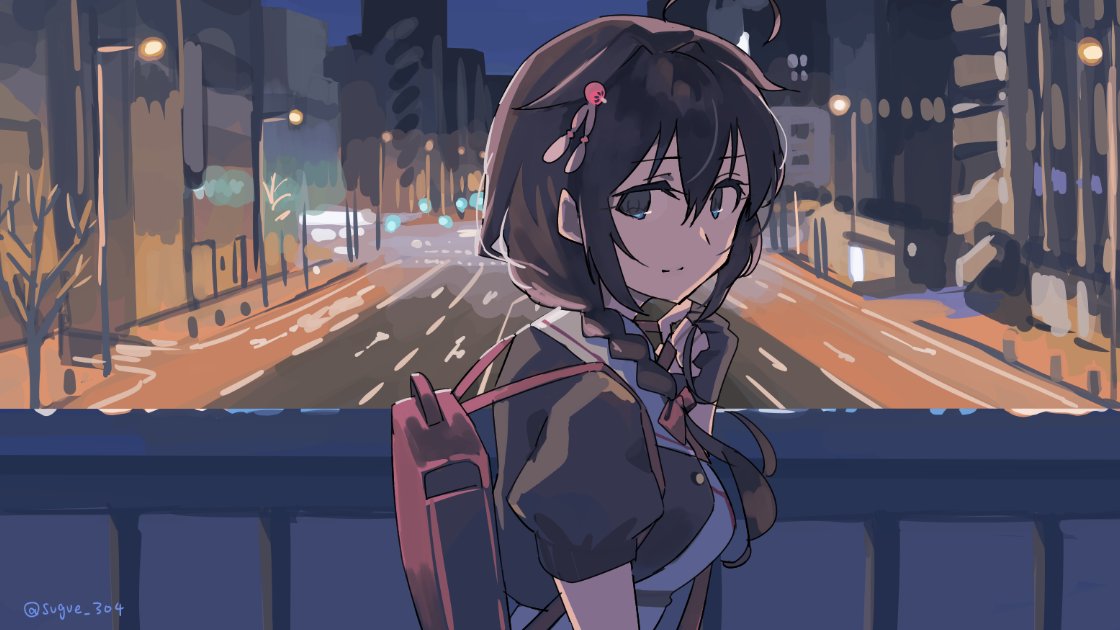 sugue tettou, shigure (kancolle), shigure kai san (kancolle), kantai collection, 1girl, adapted costume, ahoge, backpack, bag, black hair, black shirt, blue eyes, braid, hair flaps, hair over shoulder, lamppost, long hair, looking at viewer, railing, road, sailor collar, sailor shirt, school uniform, serafuku, shirt, single braid, solo, upper body, white sailor collar