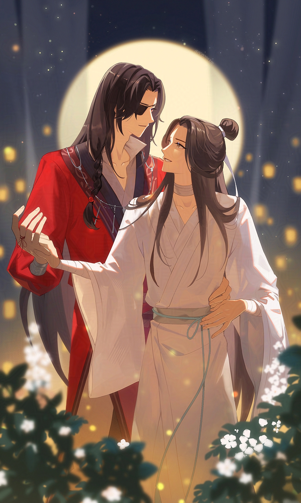 8083 blue, hua cheng, xie lian, tianguan cifu, highres, 2boys, black hair, brown eyes, brown hair, chinese clothes, choker, collarbone, eyepatch, full moon, grin, hanfu, light particles, long hair, long sleeves, looking at another, male focus, moon, multiple boys, smile, string around finger, white hanfu, yaoi