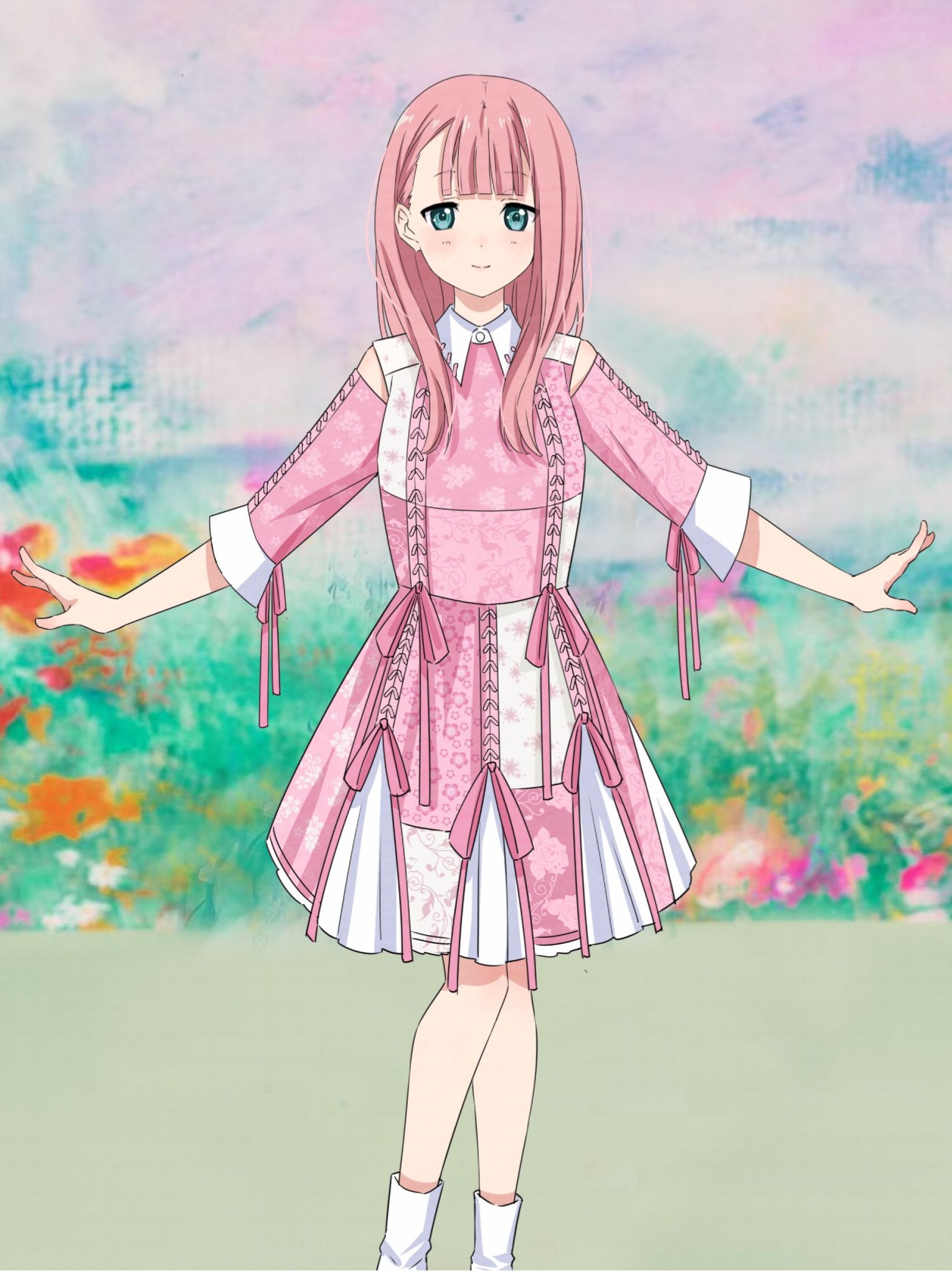 uwuvppeofftjdpl, kamiki mikami, 22/7, highres, 1girl, asymmetrical bangs, blunt bangs, boots, closed mouth, dress, feet out of frame, green eyes, long hair, looking at viewer, outdoors, outstretched arms, pink dress, pink hair, pink ribbon, ribbon, smile, solo, spread arms, standing, straight-on, three-quarter sleeves, white boots