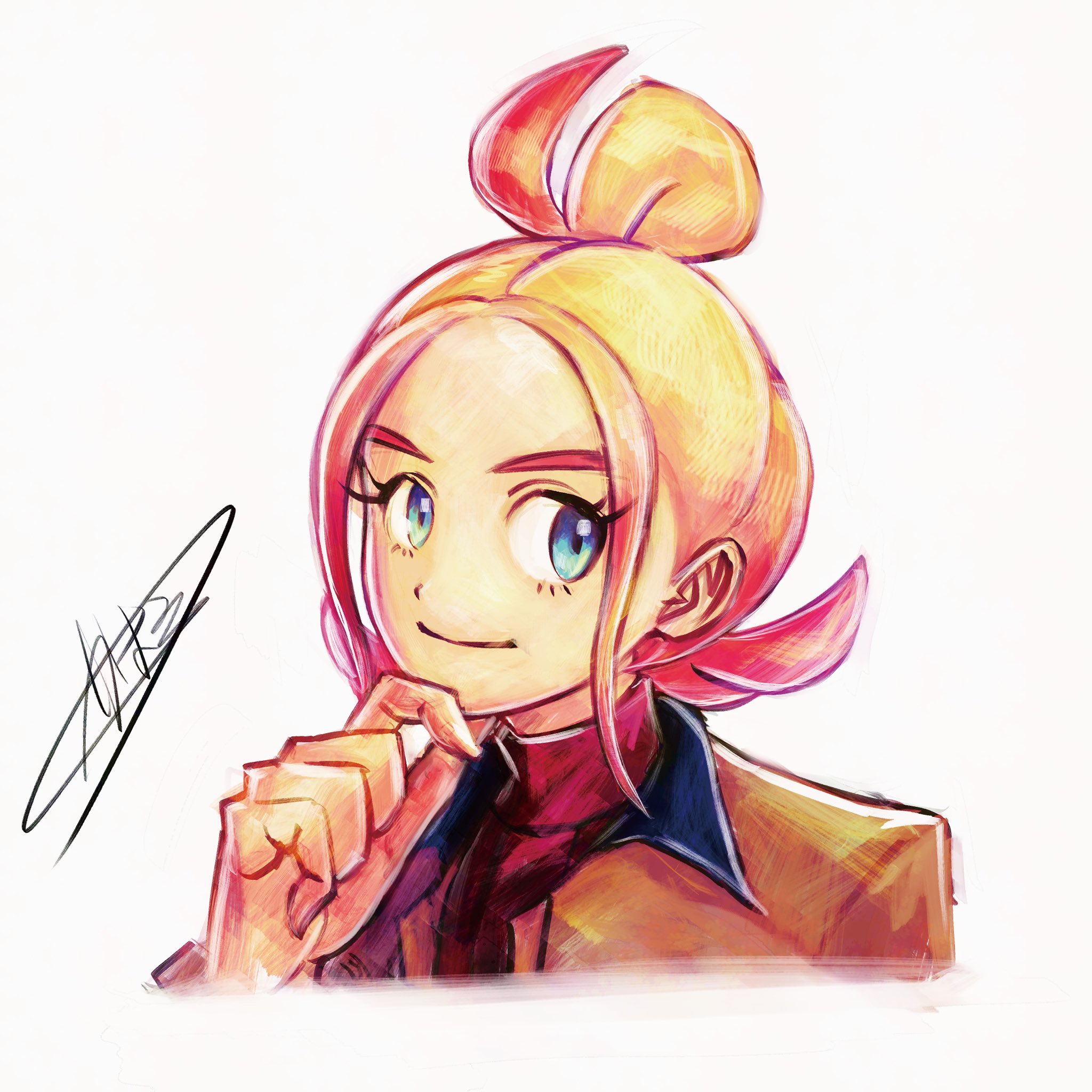 kaosu (kaosu0905), taunie (pokemon), nintendo, pokemon, pokemon legends: z-a, highres, 1girl, blonde hair, blue eyes, closed mouth, cropped torso, eyelashes, jacket, looking at viewer, short hair, signature, smile, solo, turtleneck, upper body, white background