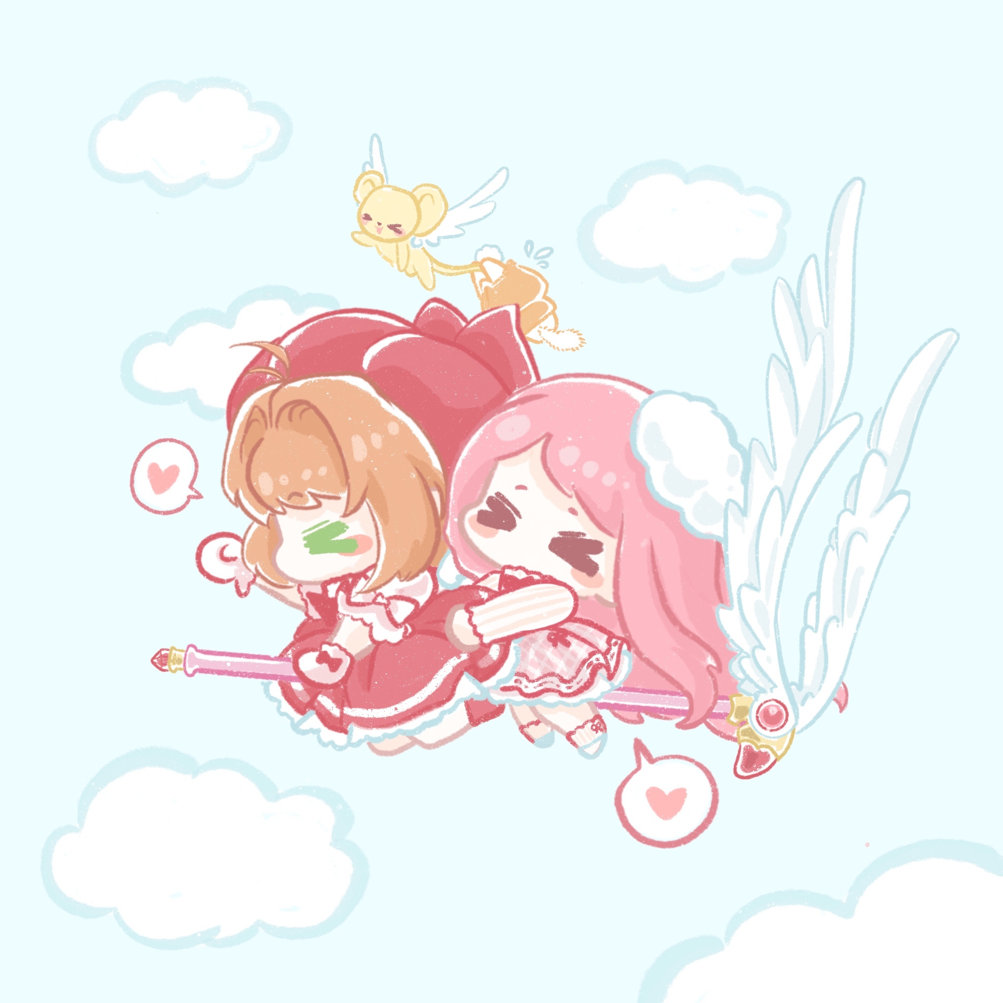 xiaoyu qixing, bloom poetry (shining nikki), kero (cardcaptor sakura), kinomoto sakura, kinomoto sakura (magician), momo (nikki), nikki (nikki), cardcaptor sakura, nikki (series), shining nikki, chinese commentary, commentary request, highres, > <, 2girls, angel wings, animal, ankle socks, antenna hair, bare legs, beret, blue sky, blush stickers, boots, bow, bowtie, brown hair, cat, chibi, cloak, clothed animal, clothes writing, cloud, crossover, day, dress, dress ribbon, ear covers, ferret, flying, flying sweatdrops, frilled dress, frilled gloves, frilled sleeves, frills, fur hat, gloves, hair intakes, hat, hat bow, heart, holding, holding another's tail, holding wand, hood, hood up, hooded cloak, long hair, long sleeves, magical girl, medium dress, mini hat, multiple girls, no mouth, outdoors, pinafore dress, pink dress, pink hair, plaid clothes, plaid dress, pleated dress, puffy short sleeves, puffy sleeves, red boots, red bow, red bowtie, red dress, red hat, red ribbon, ribbon, ribbon legwear, riding, shirt, shoes, short hair, short sleeves, sky, sleeve bow, sleeveless, sleeveless dress, sleeves past wrists, socks, speech bubble, spoken heart, striped clothes, striped shirt, striped socks, tail, turtleneck, turtleneck shirt, vertical-striped clothes, vertical-striped shirt, vertical-striped socks, very long hair, wand, white bow, white cat, white gloves, white hat, white shirt, white shoes, white socks, white wings, winged animal, wings, wrist bow, yellow cloak