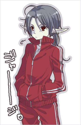 mitsubachi koucha, nintendo, the legend of zelda, 1boy, :<, androgynous, dark elf, elf, grey hair, gym uniform, jersey, long hair, male focus, pointy ears, solo, track suit