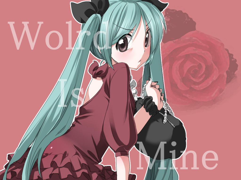 chupimaro, hatsune miku, vocaloid, world is mine (vocaloid), bad id, bad pixiv id, 1girl, bag, dress, female focus, flower, green hair, looking at viewer, purple eyes, ribbon, solo, twintails, typo
