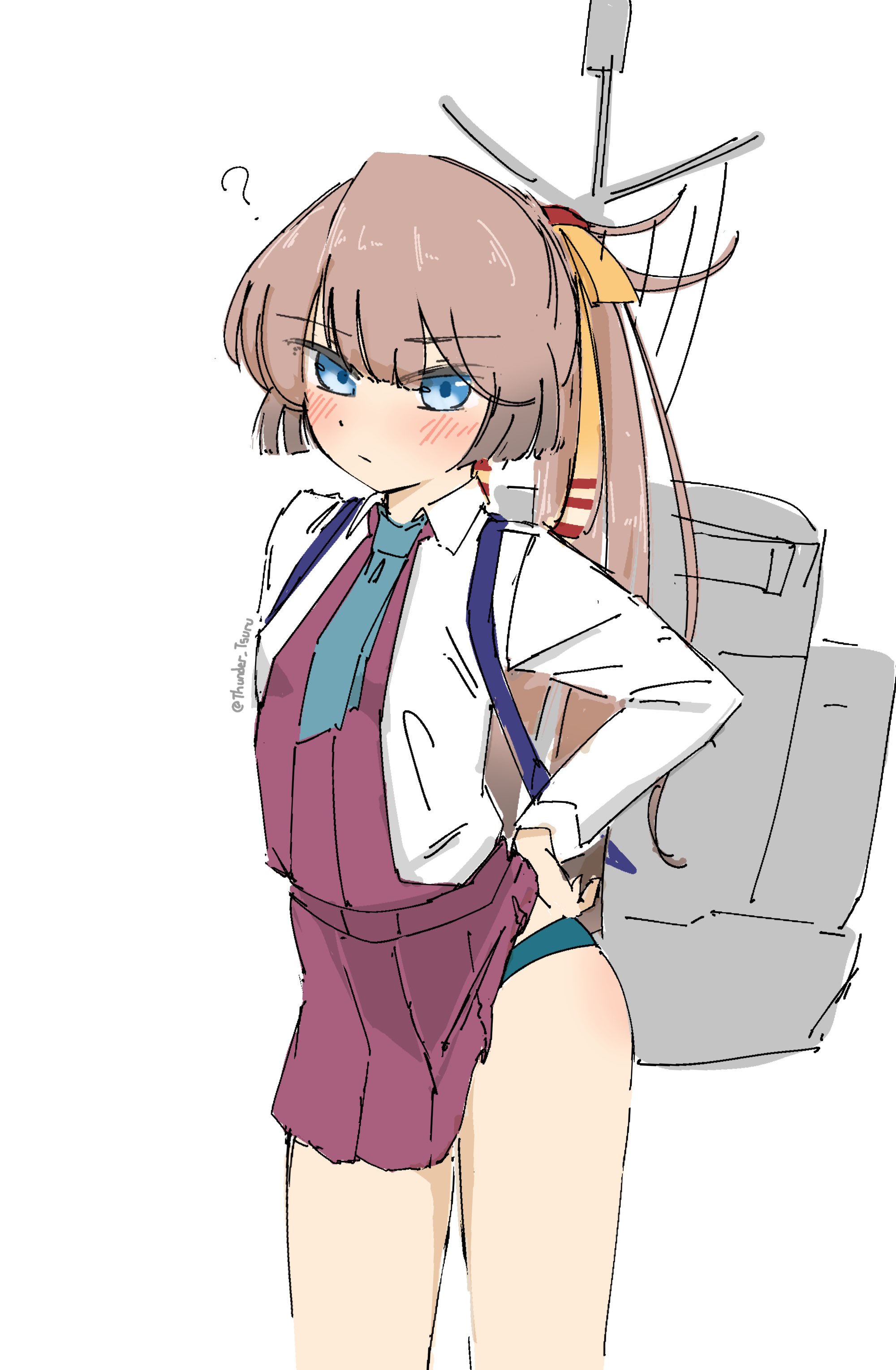 tsuru (thunder tsuru), kazagumo (kancolle), kantai collection, absurdres, commentary request, highres, 1girl, aqua necktie, blue eyes, brown hair, clothes lift, collared shirt, dress, dress lift, dress shirt, gradient hair, green panties, hair ribbon, halter dress, halterneck, long hair, machinery, multicolored hair, necktie, panties, ponytail, purple dress, ribbon, shirt, simple background, solo, underwear, white background, white shirt