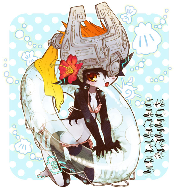 mitsubachi koucha, midna, nintendo, the legend of zelda, the legend of zelda: twilight princess, 1girl, bikini, blush, brown eyes, fang, female focus, innertube, monster girl, side-tie bikini bottom, solo, swim ring, swimsuit