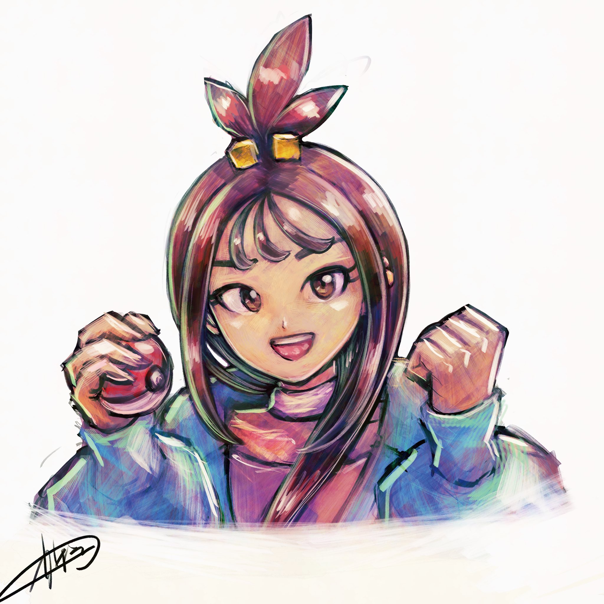 kaosu (kaosu0905), lida (pokemon), nintendo, pokemon, pokemon legends: z-a, highres, 1girl, black hair, blue jacket, brown eyes, choppy bangs, cube hair ornament, eyelashes, hair ornament, holding, holding poke ball, jacket, long hair, long sleeves, looking at viewer, open clothes, open jacket, poke ball, poke ball (basic), signature, solo, teeth, upper teeth only, white background
