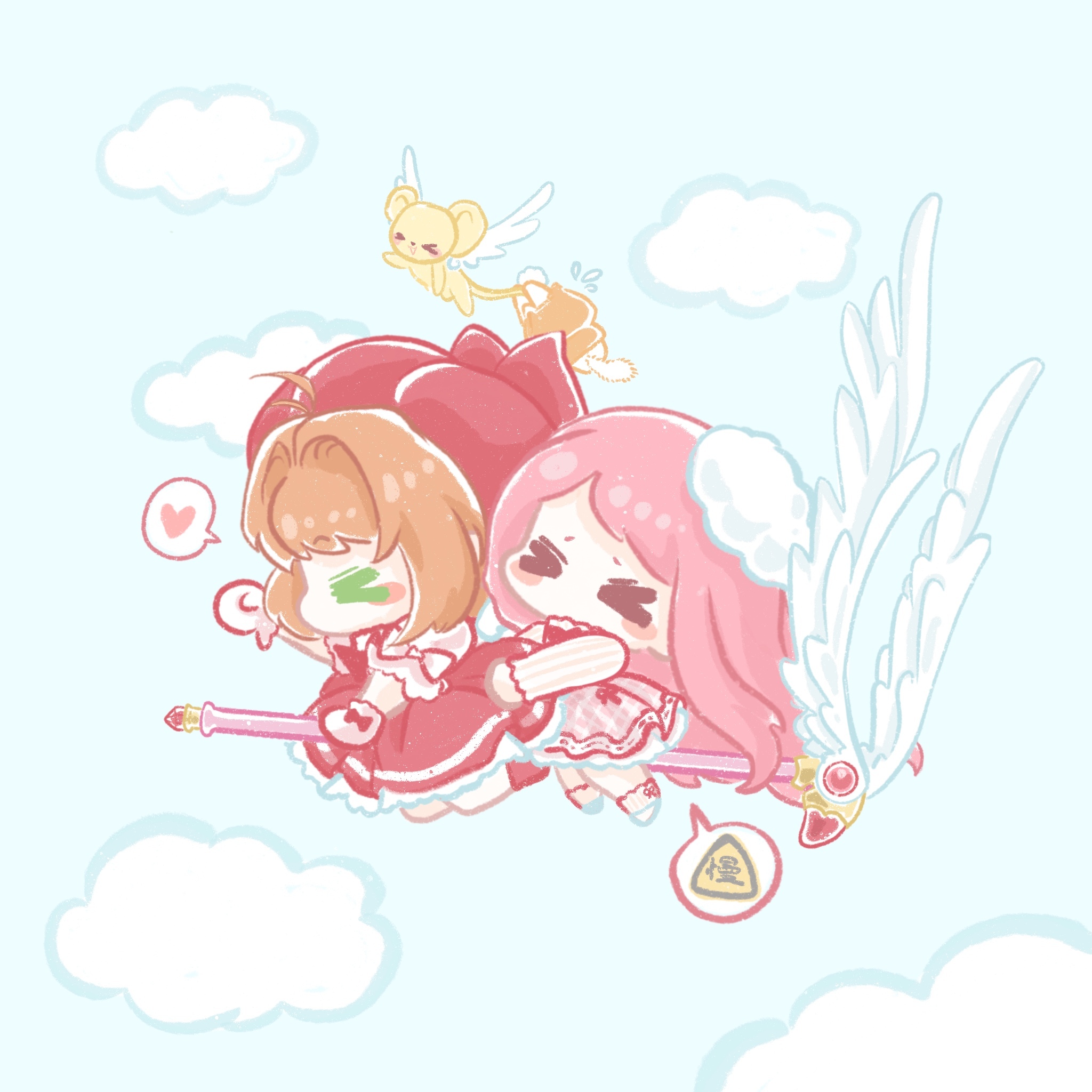 xiaoyu qixing, bloom poetry (shining nikki), kero (cardcaptor sakura), kinomoto sakura, kinomoto sakura (magician), momo (nikki), nikki (nikki), cardcaptor sakura, nikki (series), shining nikki, chinese commentary, commentary request, highres, > <, 2girls, angel wings, animal, ankle socks, antenna hair, bare legs, beret, blue sky, blush stickers, boots, bow, bowtie, brown hair, cat, chibi, cloak, clothed animal, clothes writing, cloud, crossover, day, dress, dress ribbon, ear covers, ferret, flying, flying sweatdrops, frilled dress, frilled gloves, frilled sleeves, frills, fur hat, gloves, hair intakes, hat, hat bow, heart, holding, holding another's tail, holding wand, hood, hood up, hooded cloak, long hair, long sleeves, magical girl, medium dress, mini hat, multiple girls, no mouth, outdoors, pinafore dress, pink dress, pink hair, plaid clothes, plaid dress, pleated dress, puffy short sleeves, puffy sleeves, red boots, red bow, red bowtie, red dress, red hat, red ribbon, ribbon, ribbon legwear, riding, shirt, shoes, short hair, short sleeves, sign, sky, sleeve bow, sleeveless, sleeveless dress, sleeves past wrists, socks, speech bubble, spoken heart, spoken object, striped clothes, striped shirt, striped socks, tail, turtleneck, turtleneck shirt, vertical-striped clothes, vertical-striped shirt, vertical-striped socks, very long hair, wand, warning sign, white bow, white cat, white gloves, white hat, white shirt, white shoes, white socks, white wings, winged animal, wings, wrist bow, yellow cloak