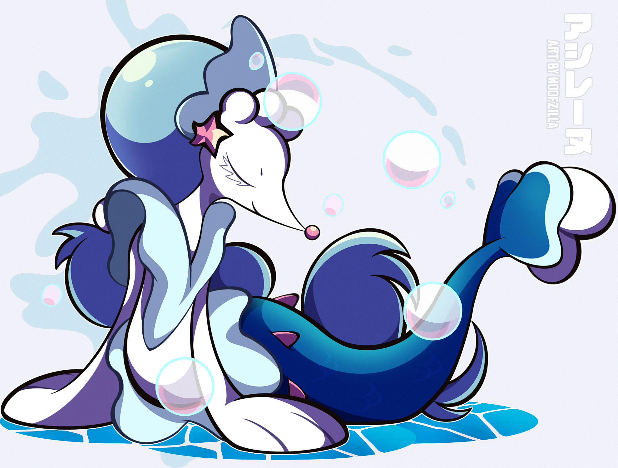 woofzilla, primarina, nintendo, pokemon, commentary, english commentary, highres, translation request, artist name, bubble, closed eyes, closed mouth, eyelashes, full body, gen 7 pokemon, no humans, pokemon (creature), smile, solo