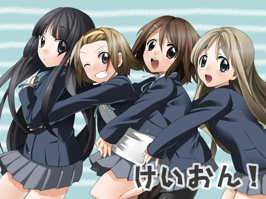 chupimaro, akiyama mio, hirasawa yui, kotobuki tsumugi, tainaka ritsu, k-on!, bad id, bad pixiv id, 00s, 4girls, :o, black eyes, black hair, blazer, blunt bangs, brown hair, grin, hair ornament, hairband, hairclip, hime cut, ho-kago tea time, hug, jacket, laughing, long hair, looking at viewer, miniskirt, multiple girls, one eye closed, open mouth, pantyhose, pleated skirt, ribbon, round teeth, school uniform, short hair, skirt, smile, standing, teeth, wink