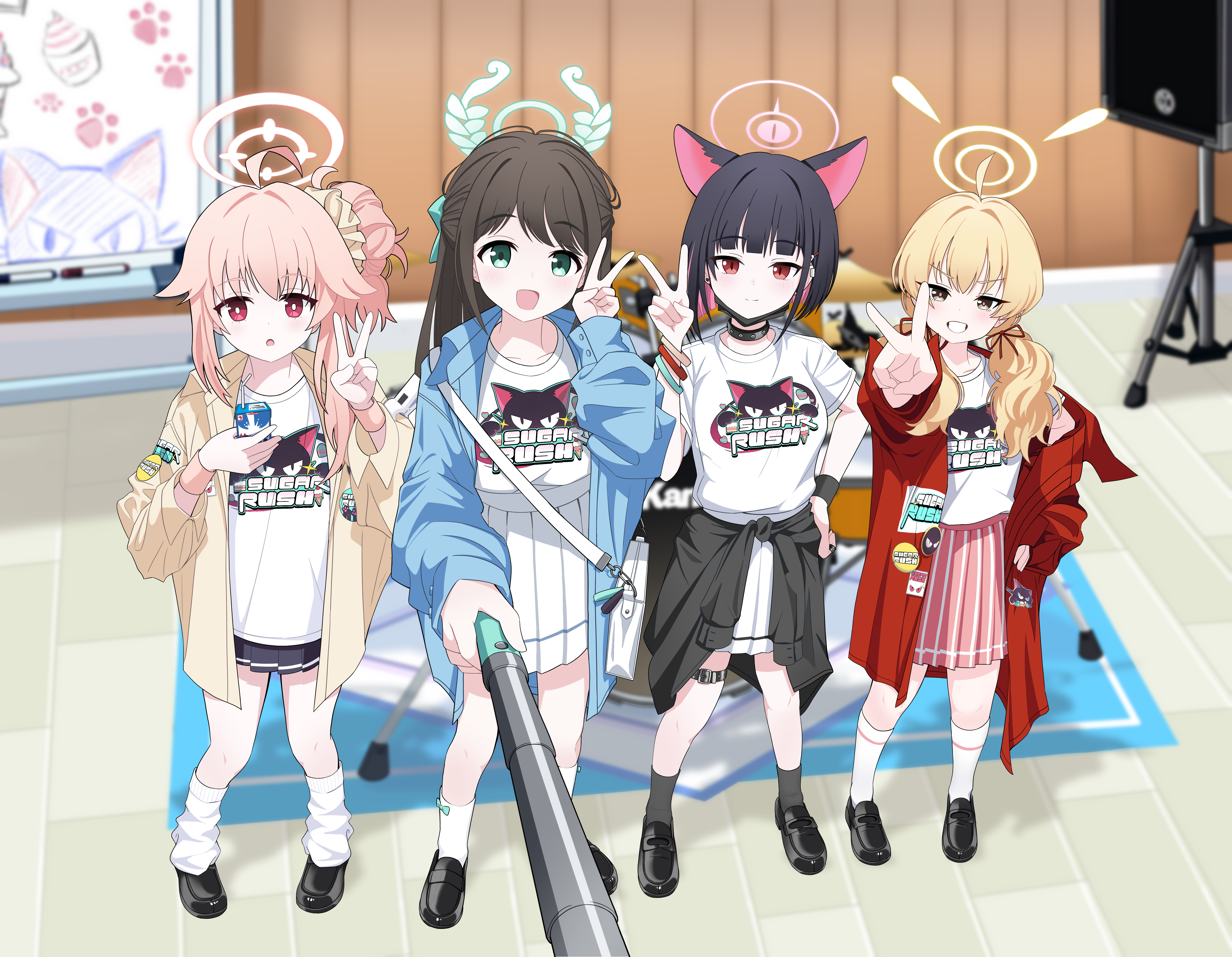 poorunii, airi (band) (blue archive), airi (blue archive), kazusa (band) (blue archive), kazusa (blue archive), natsu (band) (blue archive), natsu (blue archive), yoshimi (band) (blue archive), yoshimi (blue archive), blue archive, white carpet, absurdres, commentary request, highres, korean commentary, 4girls, :d, after-school sweets club (blue archive), ahoge, animal ears, animal hands, ankle socks, asymmetrical sidelocks, badge, bag, belt, black choker, black hair, black jacket, black mask, black shoes, black socks, black wrist cuffs, blonde hair, blue carpet, blue jacket, blurry, blush, bow, bracelet, brown eyes, brown hair, button badge, cake, cake slice, cat, cat ears, cat paws, chain, choker, clothes around waist, collarbone, collared jacket, colored inner animal ears, colored inner hair, depth of field, drum, drum set, english text, flipped hair, food, green bow, green eyes, green halo, grin, hair bow, hair bun, hair ornament, hair ribbon, hair scrunchie, halo, hand on own hip, high-waist skirt, holding juice box, ice cream, instrument, jacket, jacket around waist, jewelry, juice box, kneehighs, long hair, long sleeves, loose socks, low twintails, macaron, mask lift, miniskirt, multicolored hair, multiple bracelets, multiple girls, official alternate costume, open clothes, open jacket, open mouth, parted lips, pink hair, pink halo, pink skirt, pink wrist cuffs, pleated skirt, puffy long sleeves, puffy sleeves, red eyes, red jacket, red ribbon, ribbon, ring, scrunchie, selfie stick, shirt, shoes, short hair, short sleeves, shoulder bag, side-by-side, sidelocks, simple background, single side bun, skirt, slit pupils, smile, socks, standing, sticker, t-shirt, thigh belt, thigh strap, transparent background, twintails, two-tone hair, v, v-shaped eyebrows, v-shaped eyes, white shirt, whiteboard, wrist cuffs, yellow halo