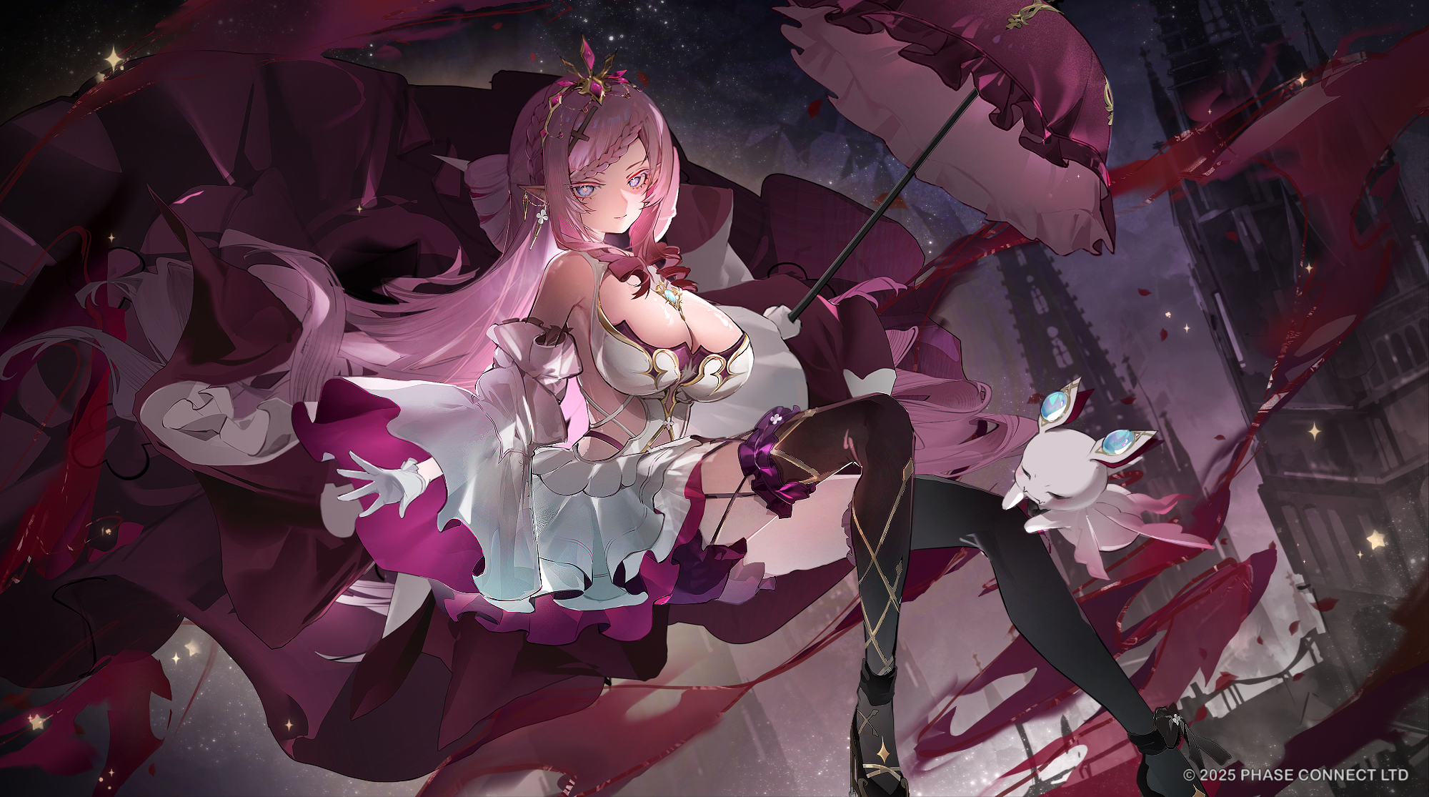 xiaoraini, malice evermore, phase connect, highres, official art, 1girl, black shoes, black thighhighs, braid, breasts, building, cleavage, closed mouth, copyright notice, detached sleeves, dress, gloves, gold tiara, hair ornament, holding, holding umbrella, large breasts, long hair, mimi evernight, parasol, pink hair, pointy ears, shoes, thighhighs, umbrella, virtual youtuber, white dress, white gloves, white sleeves