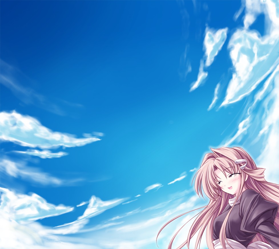 tenmaso, hiiragi hinata, hinatabokko, 1girl, blush, closed eyes, cloud, day, female focus, hair ornament, hairclip, long hair, pink hair, sky, smile, solo, very long hair
