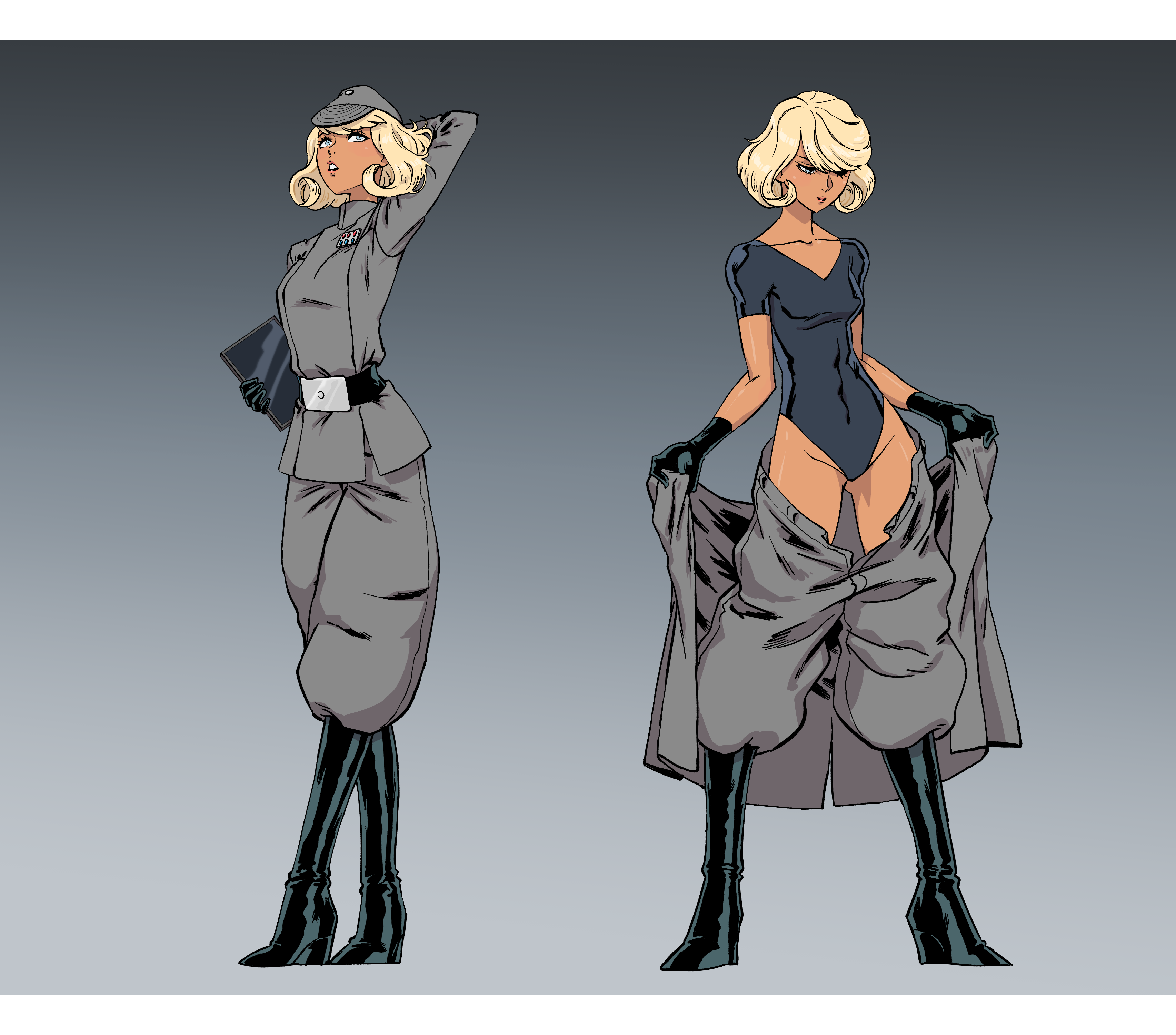 star wars, absurdres, artist request, highres, 1girl, belt, black boots, black gloves, blonde hair, blue eyes, boots, breasts, curly hair, galactic empire (star wars), gloves, hat, holding, holding tablet pc, imperial officer, leotard, looking down, looking up, military uniform, open mouth, reference sheet, shiny skin, short hair, simple background, tablet pc, tan, undressing