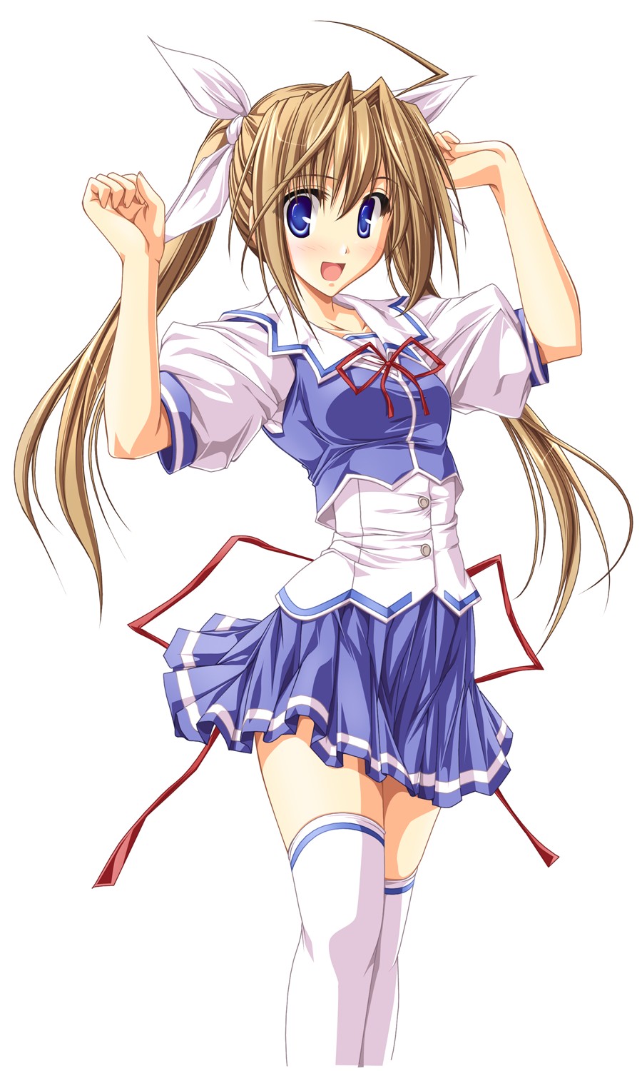 tenmaso, highres, 1girl, ahoge, blonde hair, blue eyes, female focus, hair ornament, laughing, long hair, miniskirt, pleated skirt, ribbon, simple background, skirt, smile, solo, standing, thighhighs, twintails, white thighhighs, zettai ryouiki