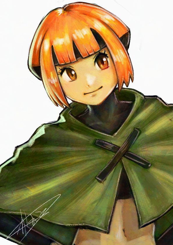 kaosu (kaosu0905), gardenia (pokemon), nintendo, pokemon, pokemon dppt, 1girl, black hair, black shirt, capelet, closed mouth, cropped shirt, green capelet, looking at viewer, multicolored hair, navel, orange eyes, orange hair, shirt, short hair, signature, smile, solo, two-tone hair, upper body, white background