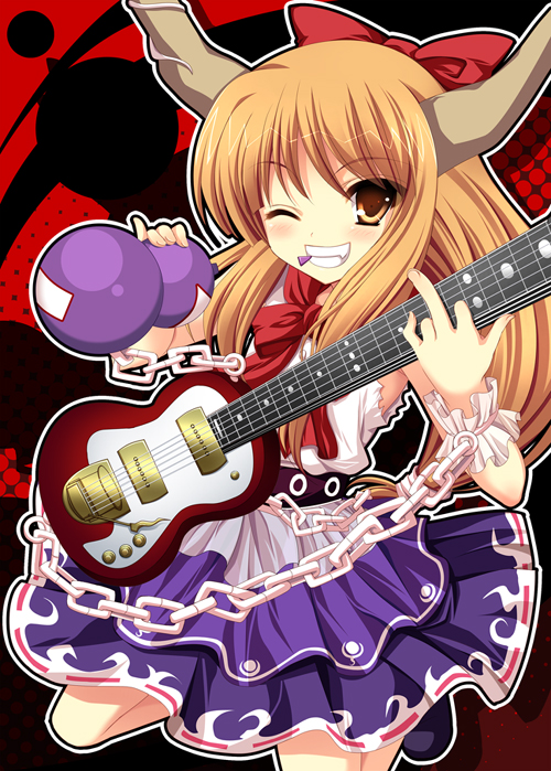 yukizuki chikuba, ibuki suika, touhou, 1girl, bow, chain, female focus, gourd, grin, guitar, hair bow, horns, instrument, long hair, matching hair/eyes, middle finger, one eye closed, orange eyes, orange hair, plectrum, smile, solo, wink, wrist cuffs, yellow eyes
