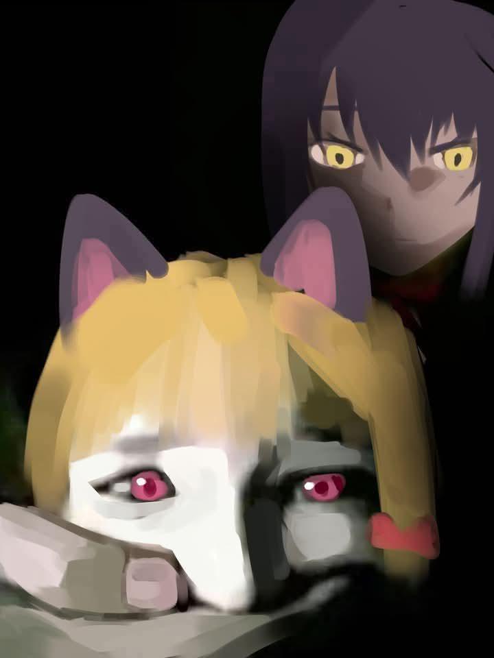 karin (blue archive), momoi (blue archive), blue archive, artist request, bad link, photo-referenced, 2girls, black hair, blonde hair, covering another's mouth, dark-skinned female, dark skin, meme, multiple girls, racist momoi (meme), red eyes, yellow eyes