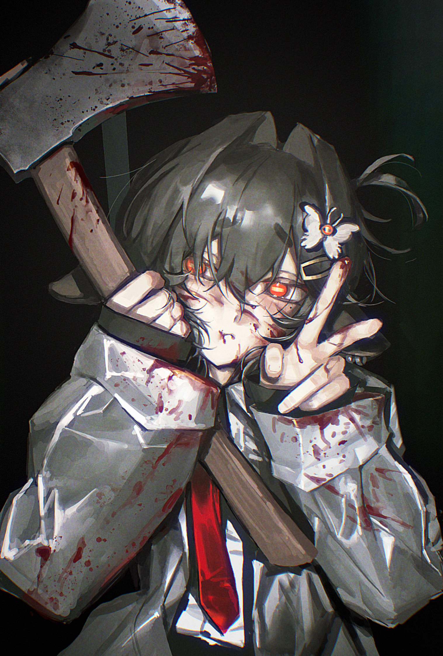 kirihara aki, patrick bateman, american psycho, original, commentary, highres, 1girl, alternate costume, animal ears, arms up, axe, black background, black hair, black jacket, blood, blood on axe, blood on clothes, blood on face, blood on hands, butterfly hair ornament, closed mouth, coat, cosplay, formal clothes, goat ears, goat girl, hair between eyes, hair ornament, hairclip, holding, holding axe, horizontal pupils, jacket, kuzakura yako (kirihara aki), light blush, long hair, necktie, open clothes, open coat, patrick bateman (cosplay), raincoat, red eyes, red necktie, shirt, simple background, suit, suit jacket, upper body, v, white shirt, yellow pupils