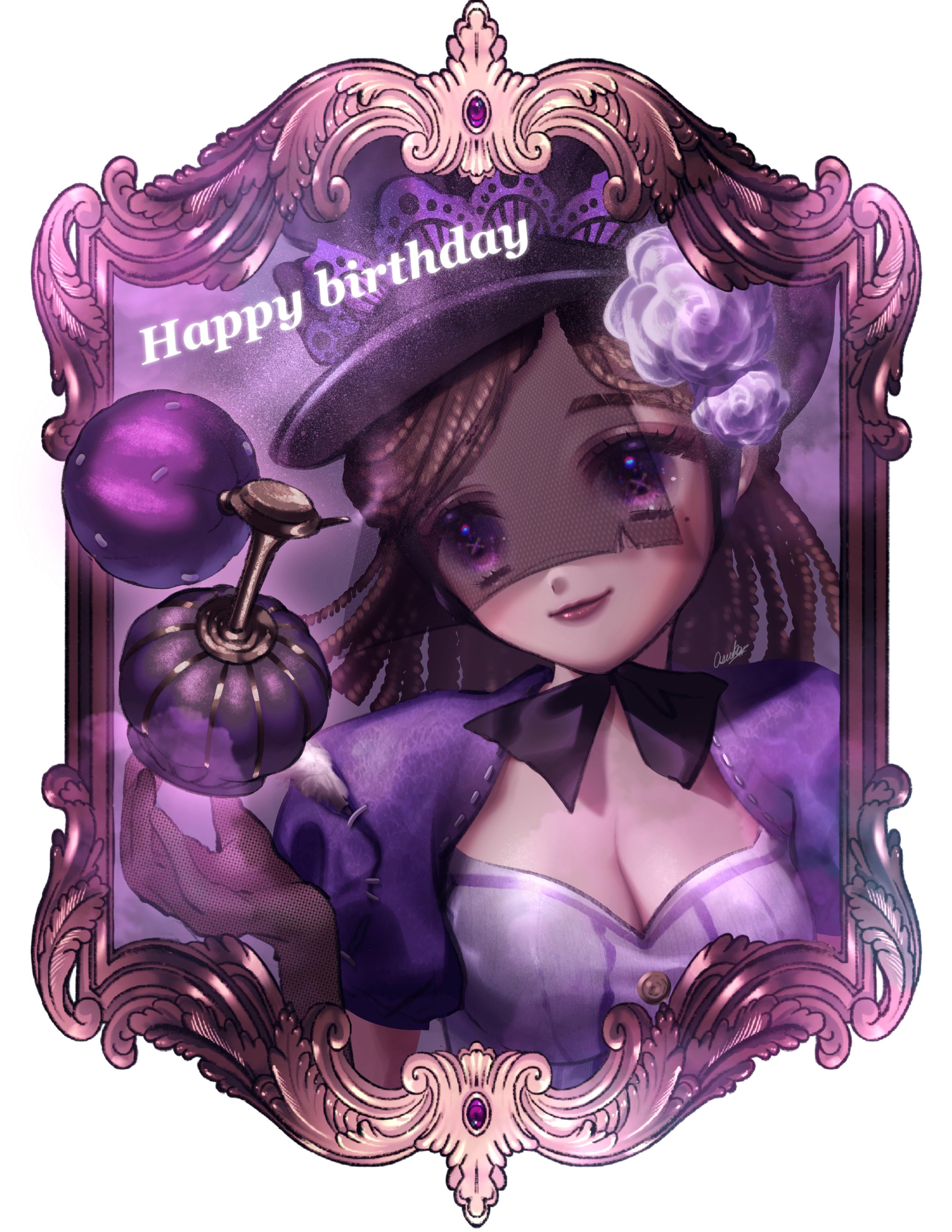vera nair, identity v, absurdres, highres, 1girl, black veil, bottle, breasts, brown hair, cleavage, cross-shaped pupils, floating hair, flower, hair flower, hair ornament, happy birthday, looking at object, medium breasts, mole, mole under eye, perfume bottle, picture frame, pink lips, portrait, puffy sleeves, purple eyes, purple sleeves, raised inner eyebrows, see-through clothes, see-through veil, smile, solo, stuffing, symbol-shaped pupils, user kvrg7422, veil, veil over eyes, white flower, yarn