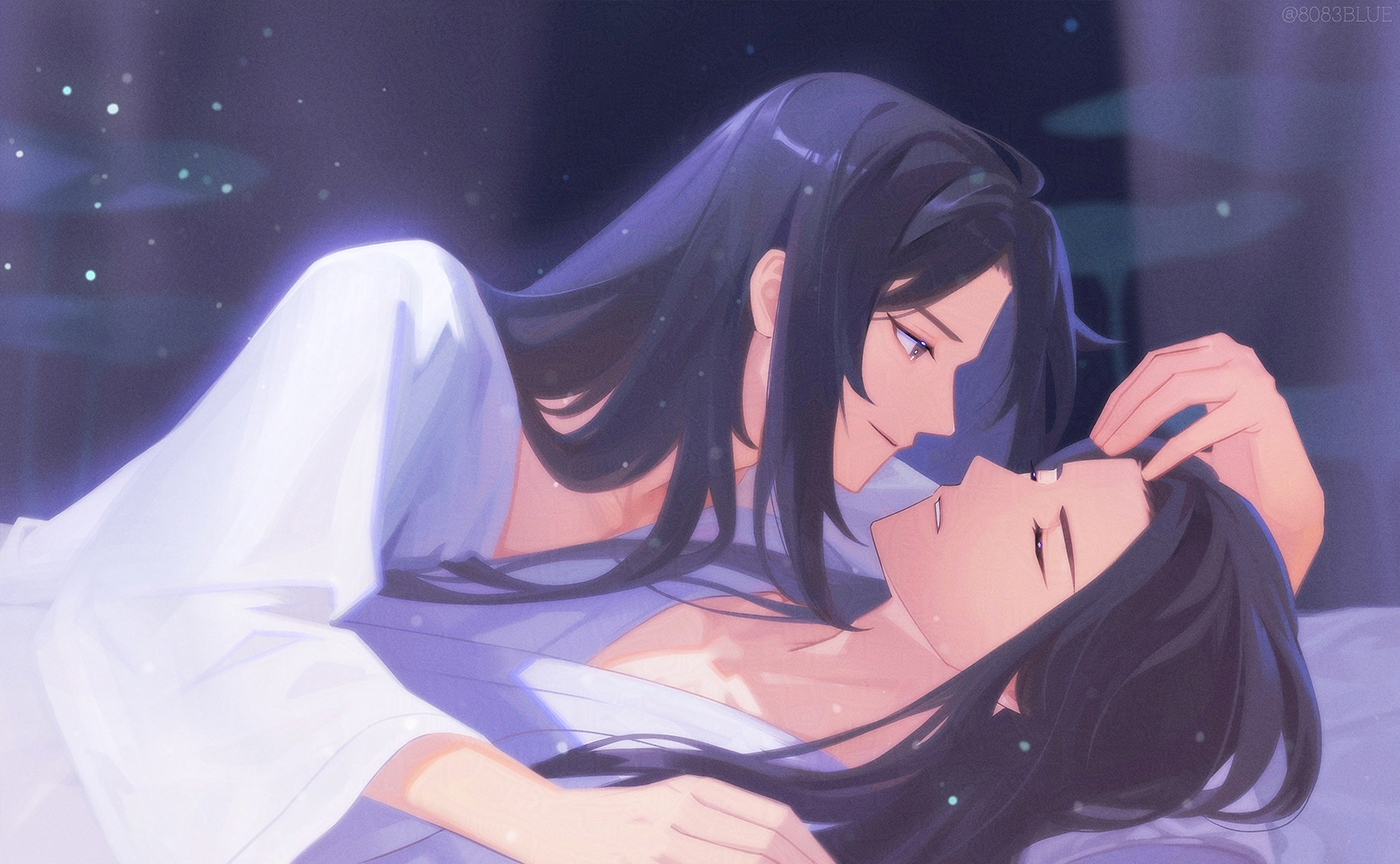 8083 blue, lan wangji, wei wuxian, modao zushi, commentary request, 2boys, black hair, chinese clothes, closed eyes, closed mouth, eyelashes, hanfu, light particles, long hair, looking at another, lying, male focus, multiple boys, night, parted lips, yaoi
