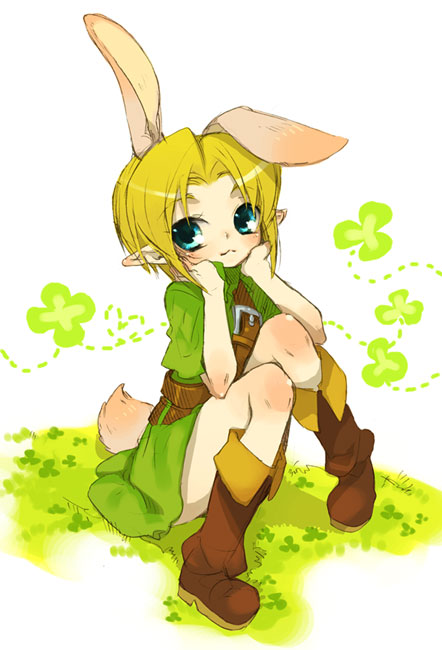 mitsubachi koucha, link, young link, nintendo, the legend of zelda, the legend of zelda: majora's mask, the legend of zelda: ocarina of time, bad id, bad pixiv id, 1boy, androgynous, animal ears, blonde hair, blue eyes, blush, boots, male focus, rabbit ears, rabbit tail, short hair, sitting, solo, tail, trap