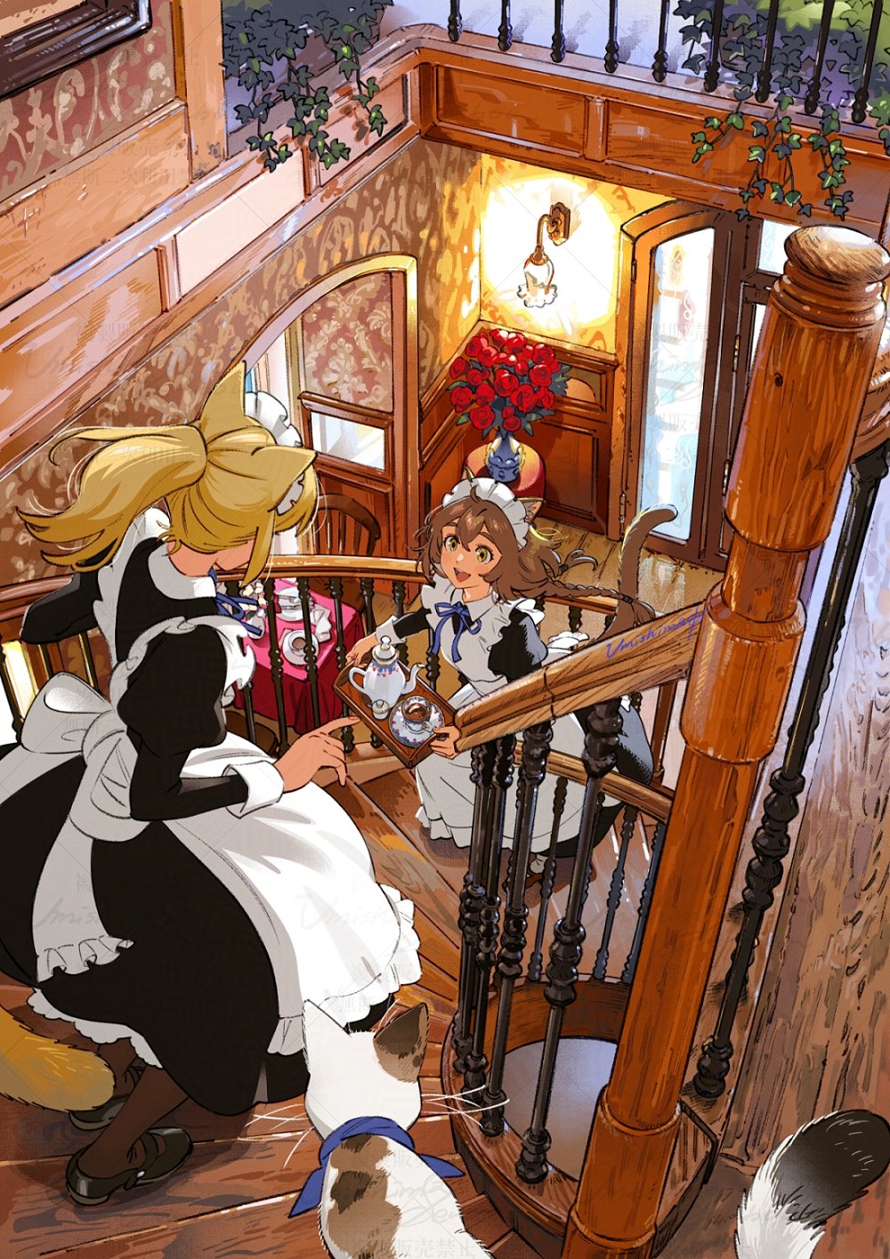 umishima senbon, original, commentary, english commentary, highres, 2girls, animal, animal ear fluff, animal ears, apron, baluster, black dress, black shoes, blonde hair, blue ribbon, braid, brown hair, cat, cat ears, cat girl, cat tail, cup, double-parted bangs, dress, flower, frilled apron, frills, from above, holding, holding tray, indoors, long dress, long sleeves, maid apron, maid headdress, medium hair, multiple girls, neck ribbon, open mouth, pet, plate, railing, red flower, ribbon, shoes, slice of life, smile, spiral staircase, stairs, standing, tail, teacup, teapot, tray, vase, wall lamp, wallpaper (object), watermark, watermark grid, white apron, wooden floor
