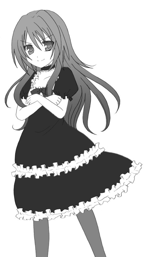 boss (non title), miko+resurrection, albatrosicks, tagme, dress, greyscale, long hair, monochrome, pantyhose, solo