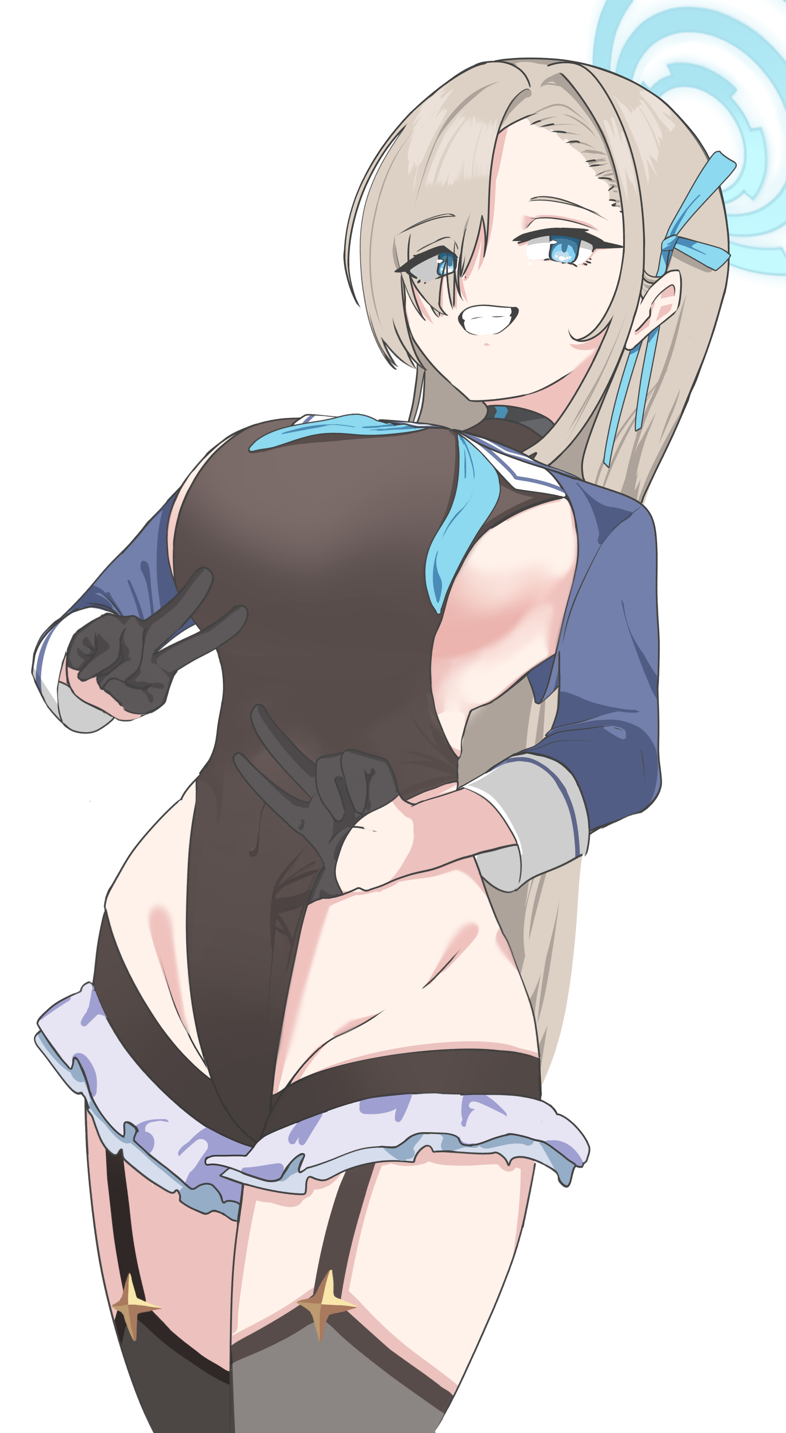 ric (ric rkgk), asuna (blue archive), shimiko (blue archive), shimiko (magical) (blue archive), blue archive, absurdres, commentary, highres, 1girl, black gloves, black leotard, black thighhighs, blonde hair, blue eyes, blue halo, blue neckerchief, blue shrug, breasts, cosplay, frilled thighhighs, frills, gloves, grin, groin, hair over one eye, halo, highleg, highleg leotard, large breasts, leotard, long hair, looking at viewer, neckerchief, shimiko (blue archive) (cosplay), shrug (clothing), sideboob, smile, solo, thighhighs, thighs, very long hair