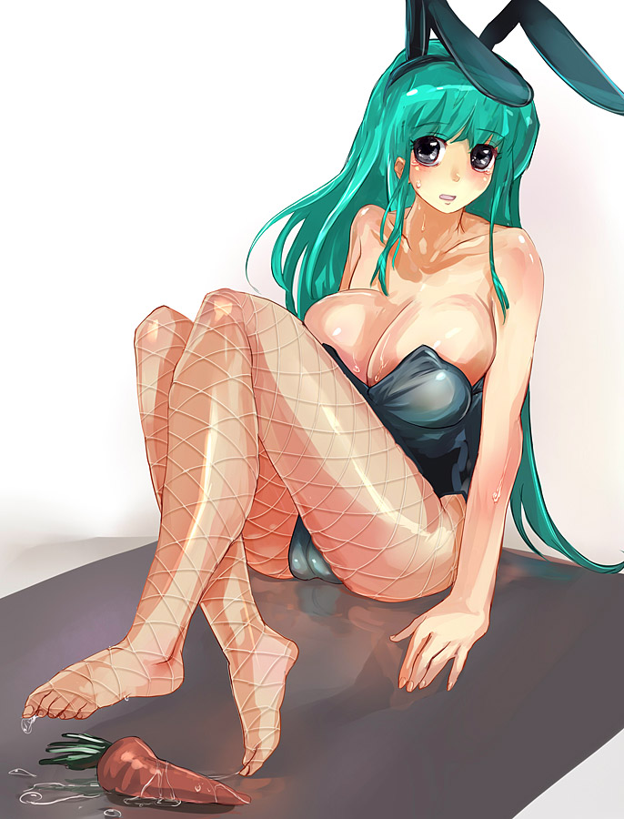 suoni (deeperocean), original, 1girl, animal ears, bare shoulders, black eyes, blush, breasts, carrot, cleavage, fake animal ears, feet, female focus, fishnet pantyhose, fishnets, green hair, huge breasts, legs, long hair, pantyhose, playboy bunny, rabbit ears, sexually suggestive, solo, sweat