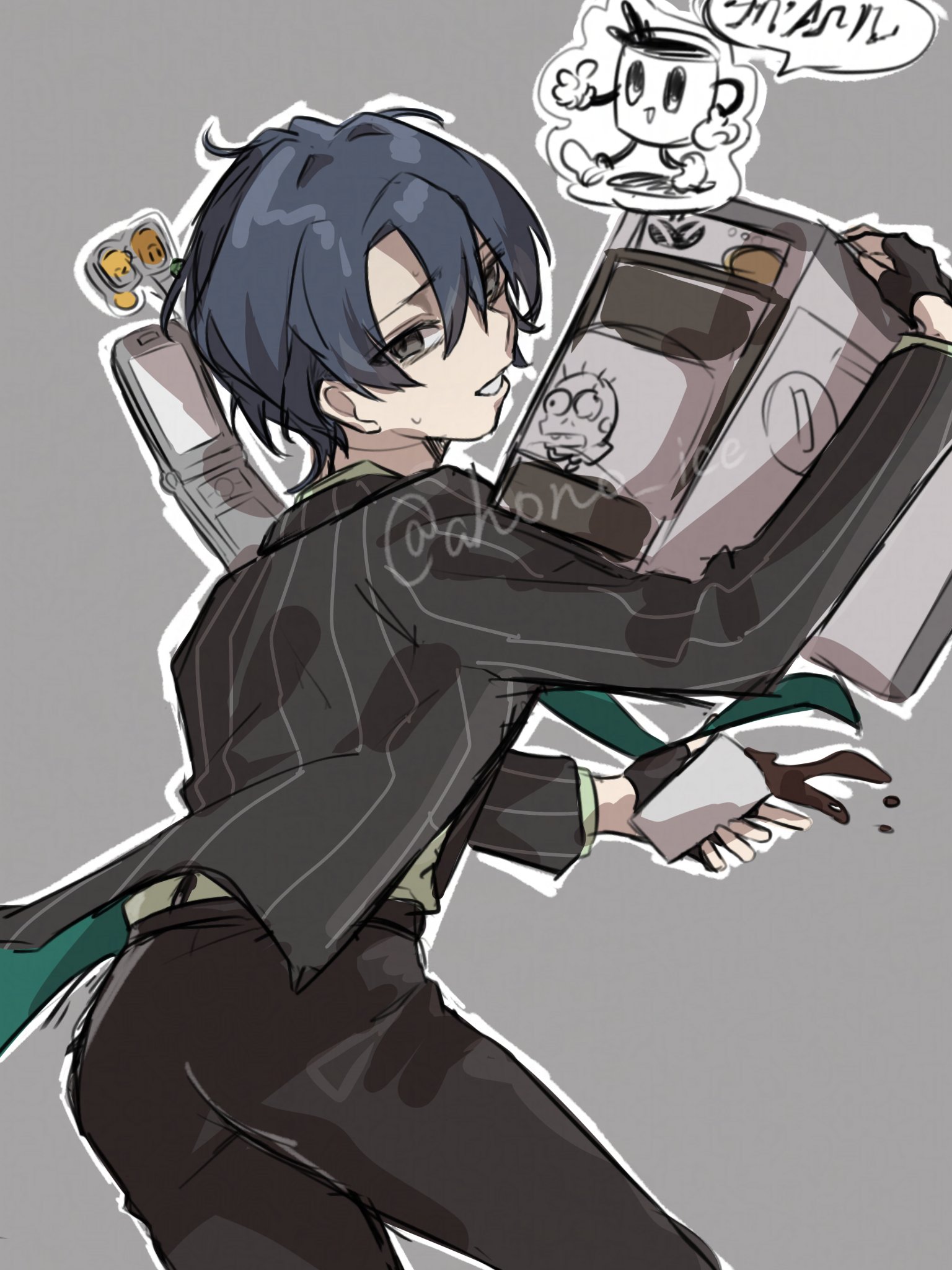 aisu (ahono ice), xinyue tongxing, highres, 1boy, black gloves, black hair, black jacket, black pants, business suit, cellphone, coffee, coffee maker, cowboy shot, cup, fingerless gloves, flip phone, formal clothes, from side, gloves, green necktie, grey background, grey eyes, hands up, holding, holding cup, jacket, jiaquan (xinyue tongxing), male focus, necktie, pants, parted lips, phone, pinstripe jacket, pinstripe pattern, salaryman, short hair, solo, spilling, striped clothes, striped jacket, suit, sweat, twitter username, vertical-striped clothes, vertical-striped jacket