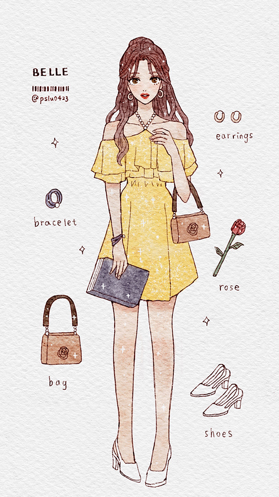 peilu (pslu0423), belle (disney), beauty and the beast (disney), 1girl, animification, bag, brown eyes, brown hair, contemporary, dress, earrings, flower, full body, handbag, jewelry, long hair, looking at viewer, makeup, ponytail, rose, simple background, smile, solo, yellow dress