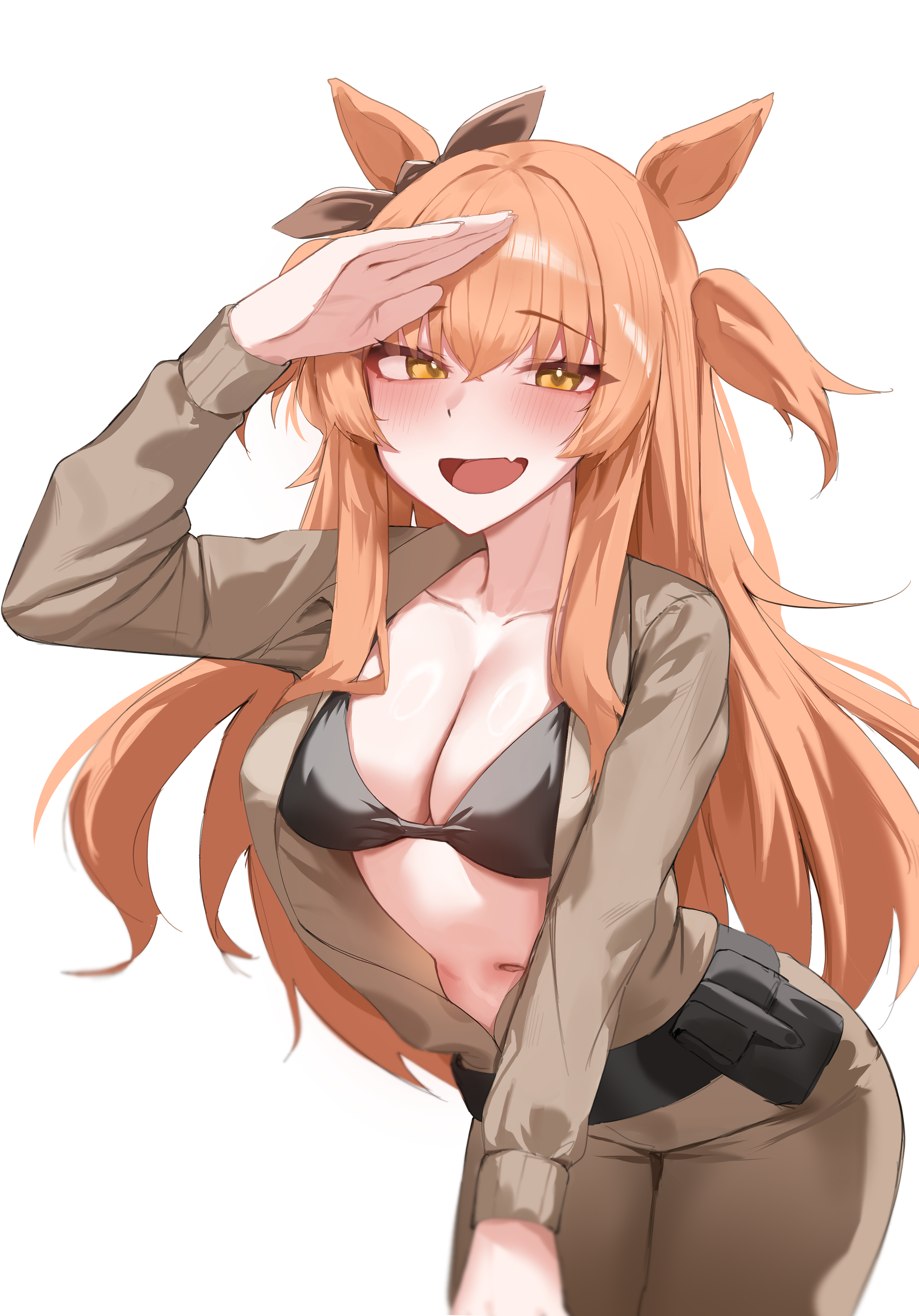 terigumi, mayano top gun (umamusume), umamusume, absurdres, commentary, highres, 1girl, alternate costume, animal ears, bikini, blush, breasts, center opening, cleavage, fang, horse ears, horse girl, horse tail, long hair, looking at viewer, medium breasts, navel, open mouth, orange eyes, orange hair, orange tail, salute, simple background, skin fang, smile, solo, stomach, swimsuit, tail, two side up, white background