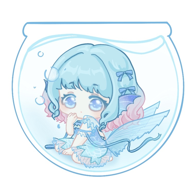 xiaoyu qixing, nikki (series), shining nikki, bad link, chinese commentary, commentary request, 1girl, :o, air bubble, arm ribbon, backless dress, backless outfit, bare back, bare legs, barefoot, blue bow, blue dress, blue eyes, blue hair, blue ribbon, bow, bubble, chibi, colored eyelashes, criss-cross back-straps, dress, expressionless, fins, fishbowl, frilled dress, frilled ribbon, frilled sleeves, frills, gradient hair, hair bow, hand on own cheek, hand on own face, head fins, in bowl, in container, kneeling, light blush, medium dress, multicolored hair, parted lips, pink hair, print dress, ribbon, scale print, see-through clothes, see-through sleeves, short sleeves, solo, striped bow, submerged, tareme, trail of the tide (shining nikki), two-tone hair, water, wavy hair, white background