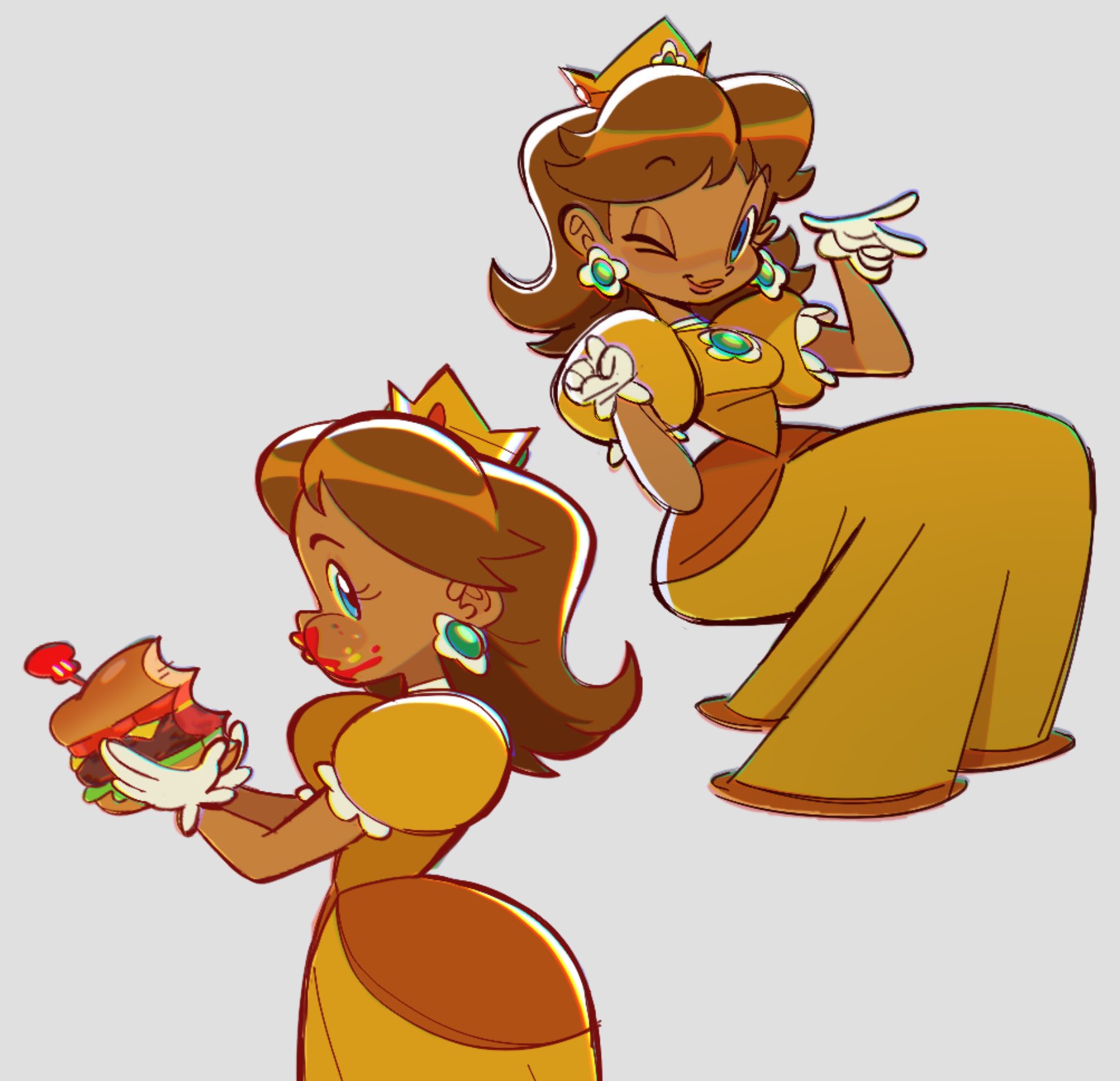 tuckeryart, princess daisy, mario (series), nintendo, blue eyes, brown hair, burger, crown, dark-skinned female, dark skin, dress, earrings, eating, floating earrings, food, food on face, gloves, jewelry, one eye closed, yellow dress