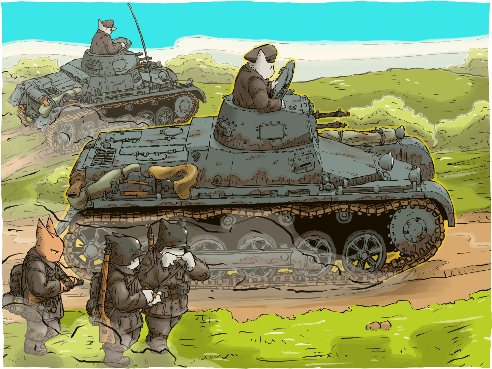 yabarn, original, highres, vehicle request, 5boys, ammunition pouch, bolt action, bush, caterpillar tracks, combat helmet, gun, gun sling, helmet, machinery, mauser 98, military vehicle, motor vehicle, mp18, multiple boys, path, pouch, rifle, road, stahlhelm, submachine gun, tank, weapon