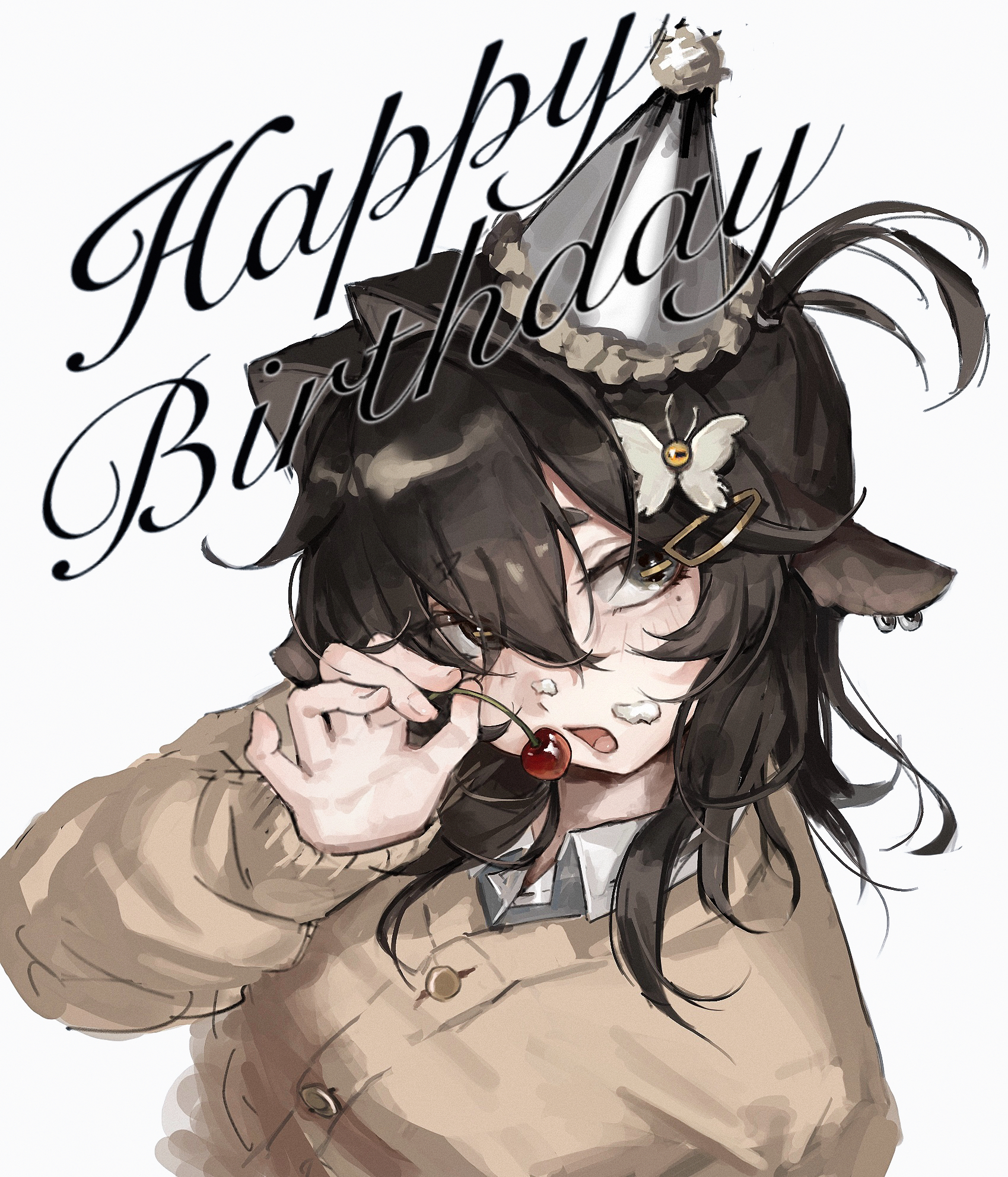kirihara aki, original, commentary request, highres, 1girl, animal ear piercing, animal ears, arm up, birthday, black eyes, black hair, brown sweater, butterfly hair ornament, collared shirt, cream, cream on face, food, food on face, goat ears, goat girl, gyaru, hair between eyes, hair ornament, hairclip, happy birthday, hat, holding cherry, horizontal pupils, kuzakura yako (kirihara aki), long hair, long sleeves, looking at viewer, mini hat, mole, mole under eye, open mouth, shirt, shirt under sweater, sidelocks, sweater, upper body, white shirt, yellow pupils