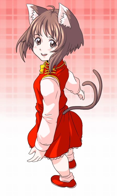 abcnoa, chen, touhou, bad id, bad pixiv id, 1girl, animal ears, cat ears, cat girl, cat tail, female focus, gradient background, plaid background, short hair, solo, tail