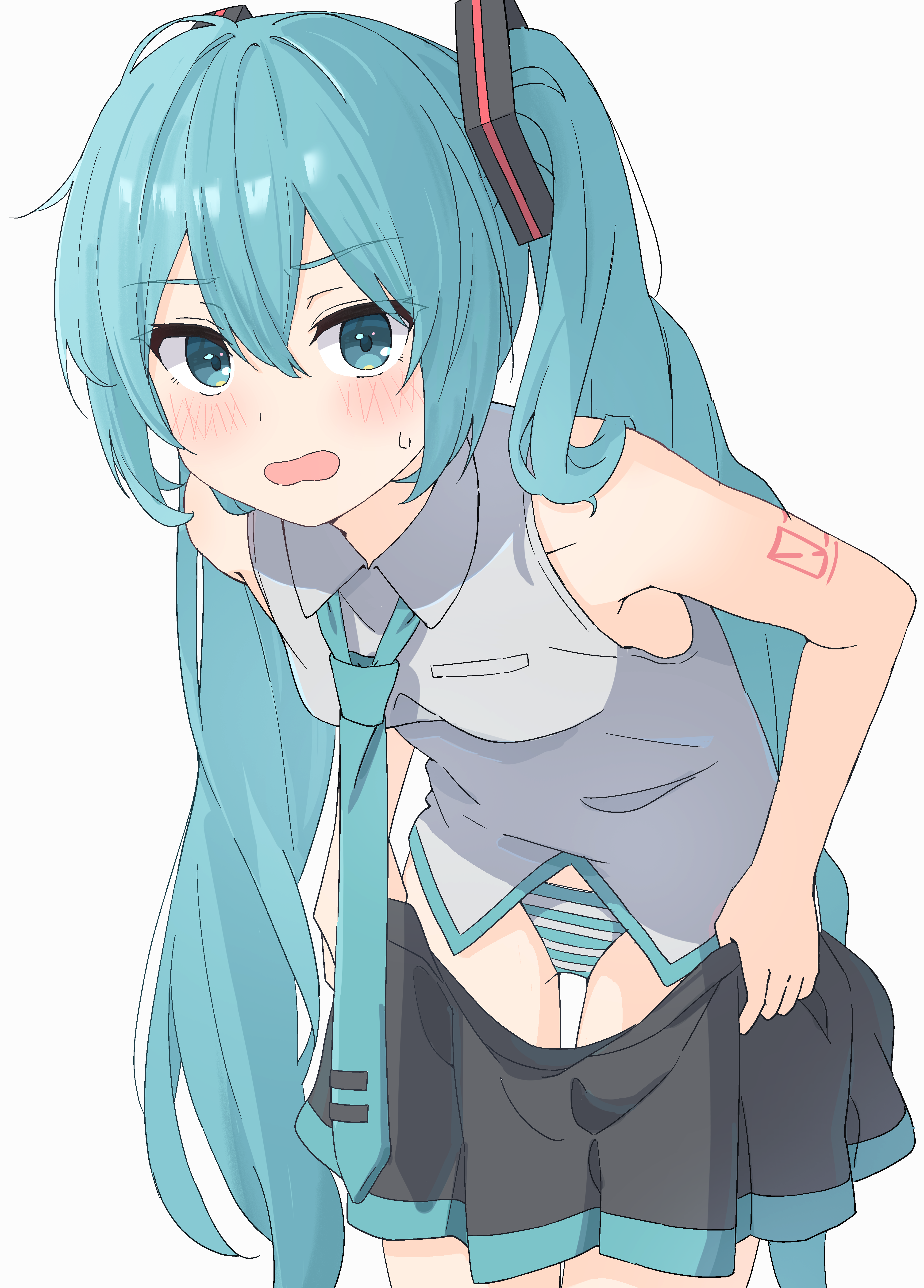 auhuheben17, hatsune miku, vocaloid, absurdres, highres, 1girl, aqua eyes, aqua hair, arm tattoo, blush, cowboy shot, dressing, hair between eyes, hair ornament, looking at viewer, necktie, number tattoo, open mouth, panties, shirt, striped clothes, striped panties, tattoo, twintails, underwear