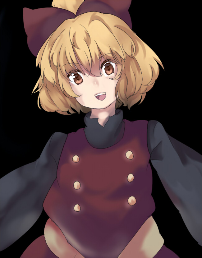 eiko (ykmykr), takonegi processor, kurodani yamame, touhou, bad id, bad pixiv id, 1girl, black background, blonde hair, bow, buttons, female focus, hair bow, long sleeves, open mouth, orange eyes, short hair, solo, teeth, yellow eyes